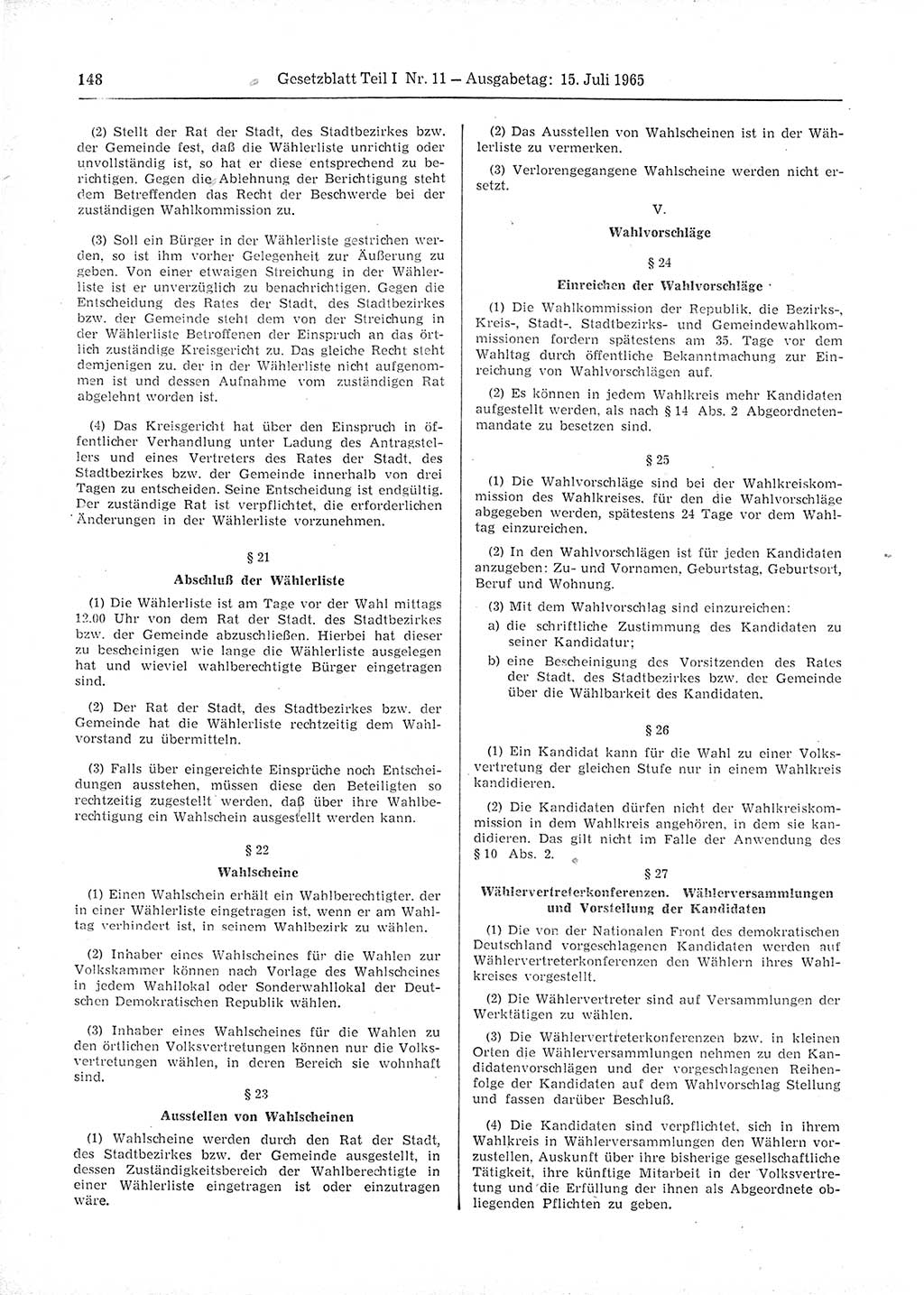 Gesetzblatt (GBl.) der Deutschen Demokratischen Republik (DDR) Teil Ⅰ 1965, Seite 148 (GBl. DDR Ⅰ 1965, S. 148)