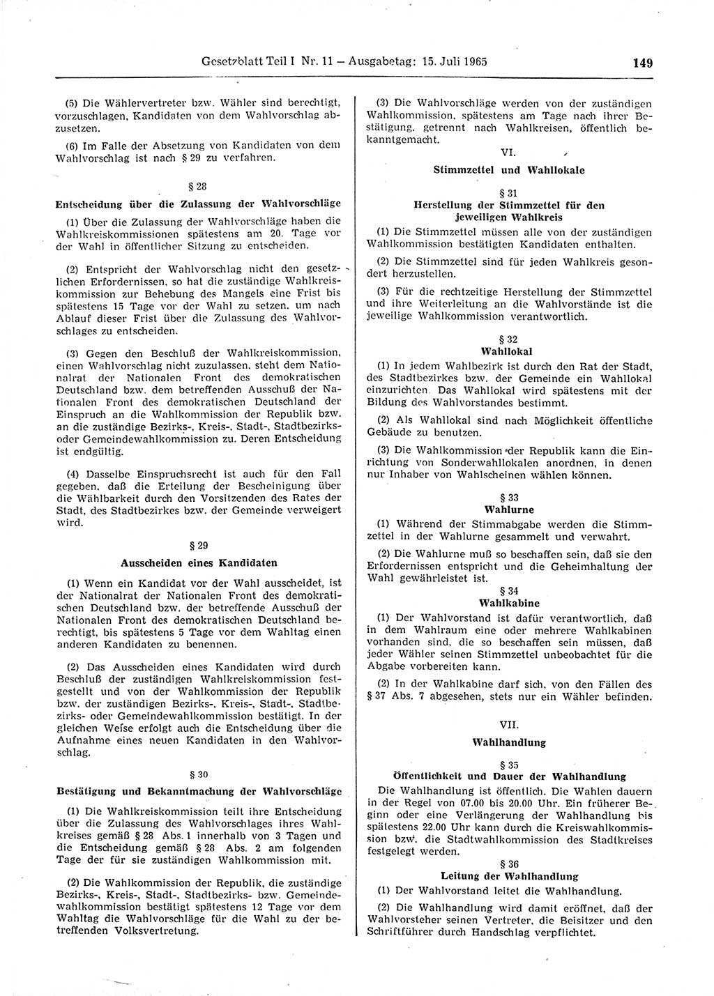 Gesetzblatt (GBl.) der Deutschen Demokratischen Republik (DDR) Teil Ⅰ 1965, Seite 149 (GBl. DDR Ⅰ 1965, S. 149)