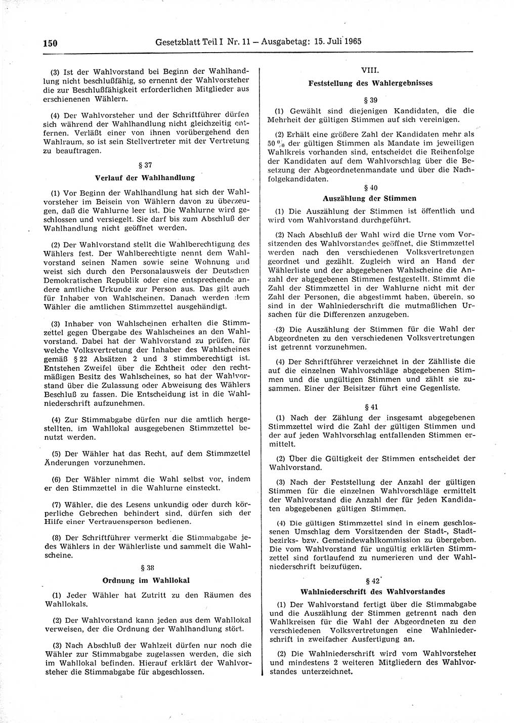 Gesetzblatt (GBl.) der Deutschen Demokratischen Republik (DDR) Teil Ⅰ 1965, Seite 150 (GBl. DDR Ⅰ 1965, S. 150)