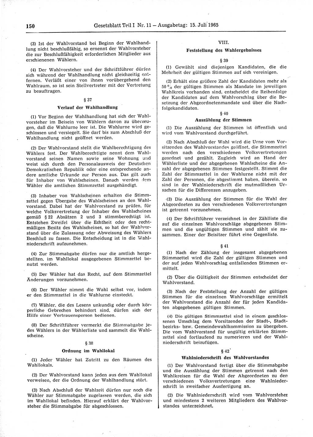 Gesetzblatt (GBl.) der Deutschen Demokratischen Republik (DDR) Teil Ⅰ 1965, Seite 150 (GBl. DDR Ⅰ 1965, S. 150)