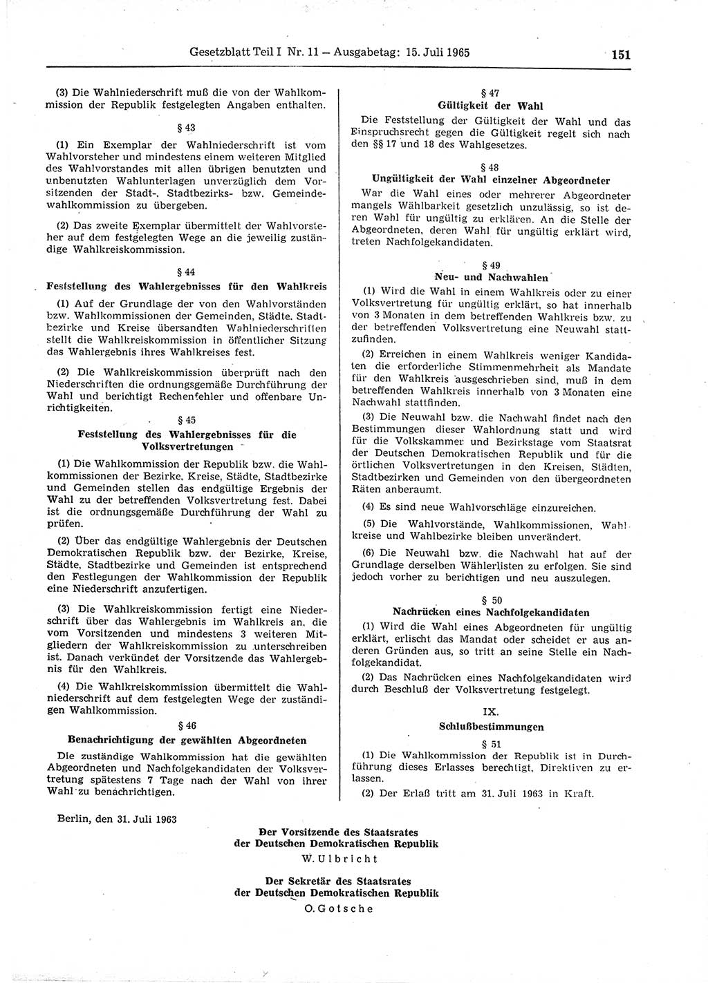 Gesetzblatt (GBl.) der Deutschen Demokratischen Republik (DDR) Teil Ⅰ 1965, Seite 151 (GBl. DDR Ⅰ 1965, S. 151)