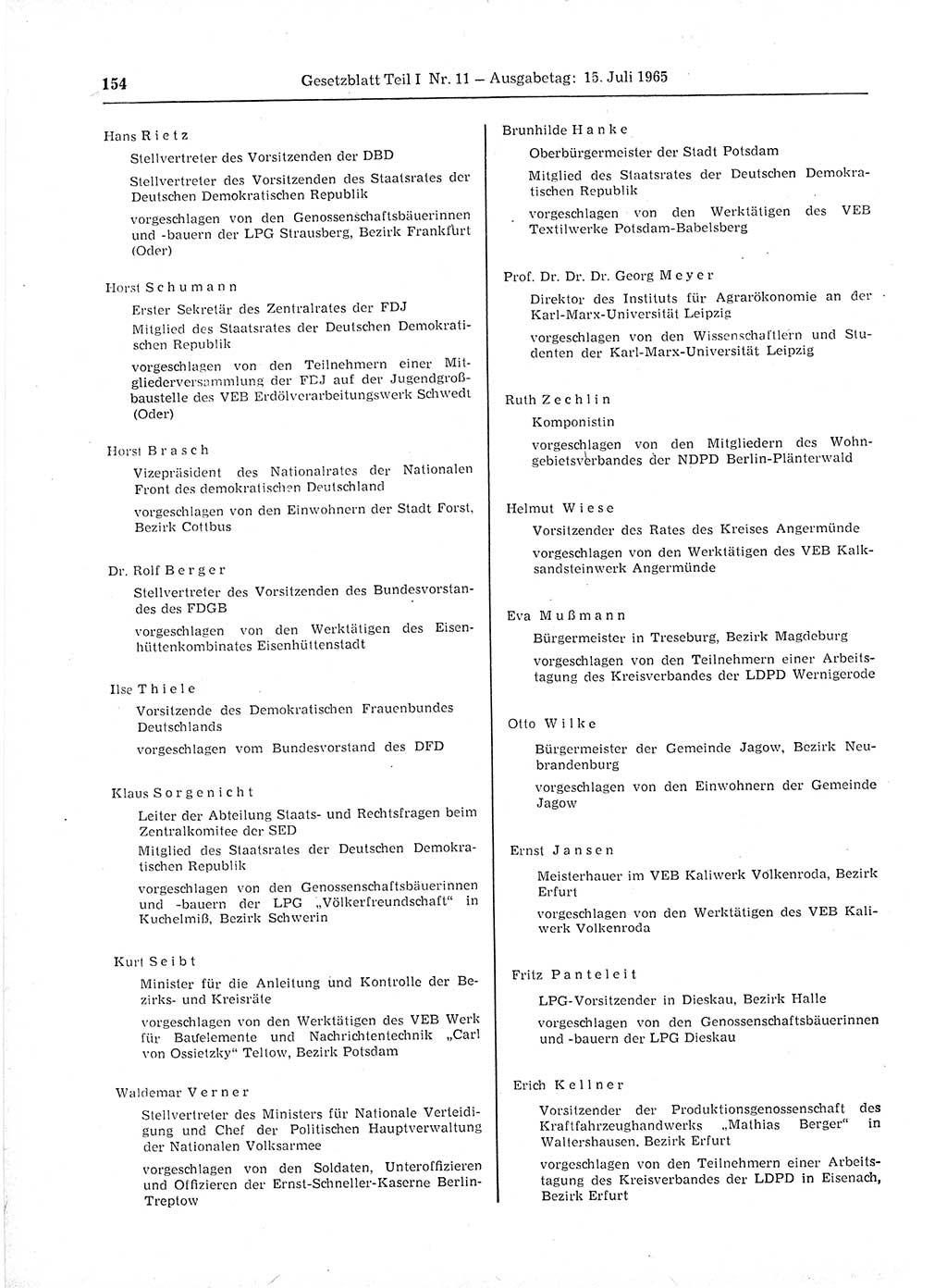 Gesetzblatt (GBl.) der Deutschen Demokratischen Republik (DDR) Teil Ⅰ 1965, Seite 154 (GBl. DDR Ⅰ 1965, S. 154)