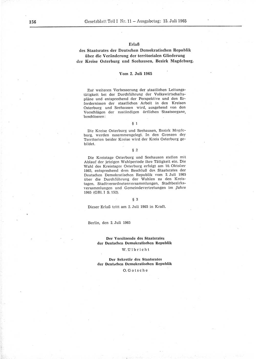 Gesetzblatt (GBl.) der Deutschen Demokratischen Republik (DDR) Teil Ⅰ 1965, Seite 156 (GBl. DDR Ⅰ 1965, S. 156)