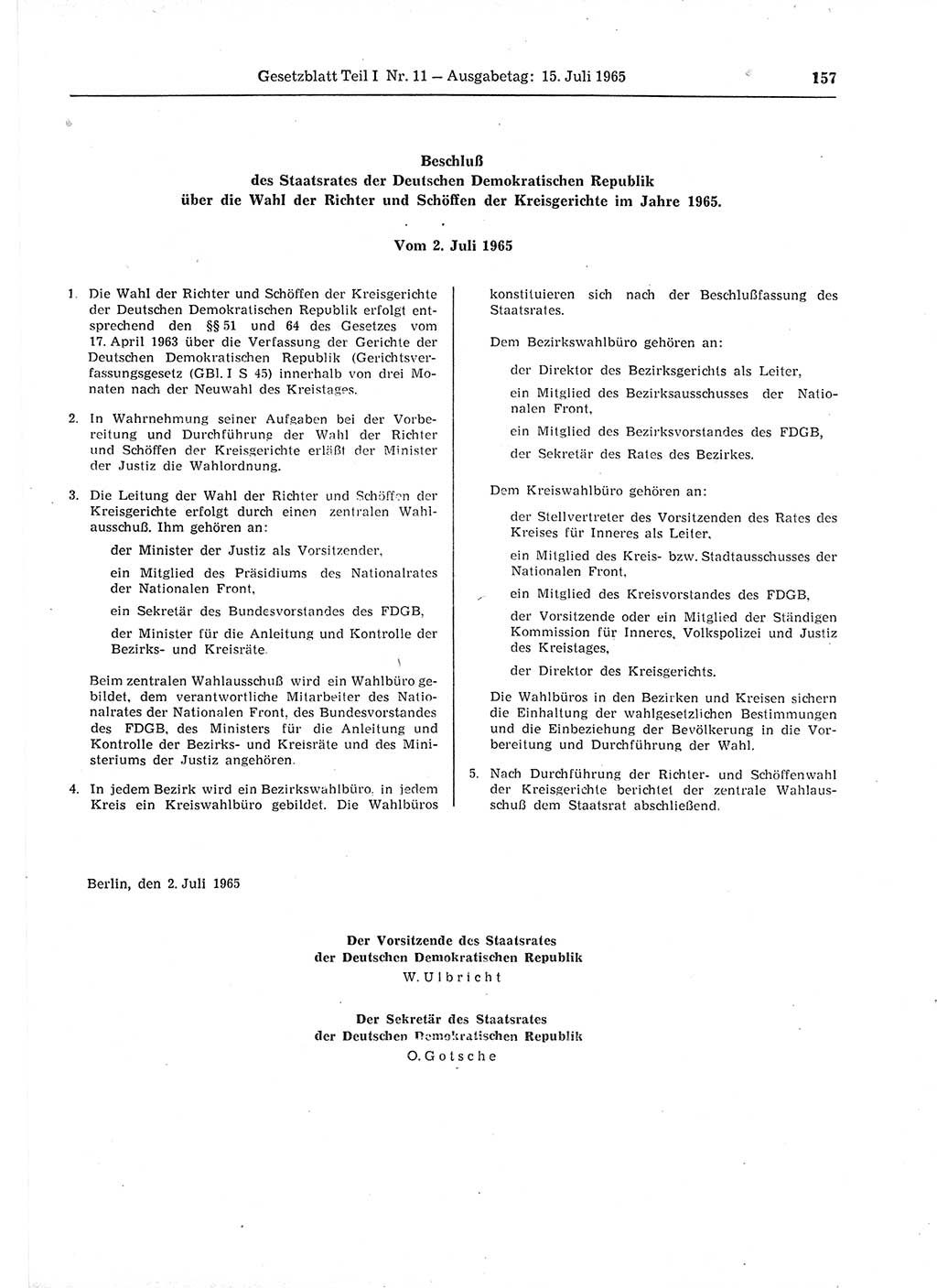 Gesetzblatt (GBl.) der Deutschen Demokratischen Republik (DDR) Teil Ⅰ 1965, Seite 157 (GBl. DDR Ⅰ 1965, S. 157)