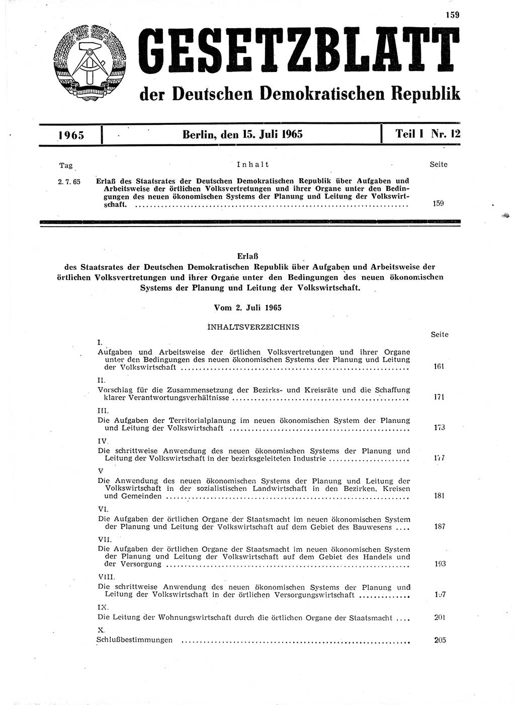 Gesetzblatt (GBl.) der Deutschen Demokratischen Republik (DDR) Teil Ⅰ 1965, Seite 159 (GBl. DDR Ⅰ 1965, S. 159)