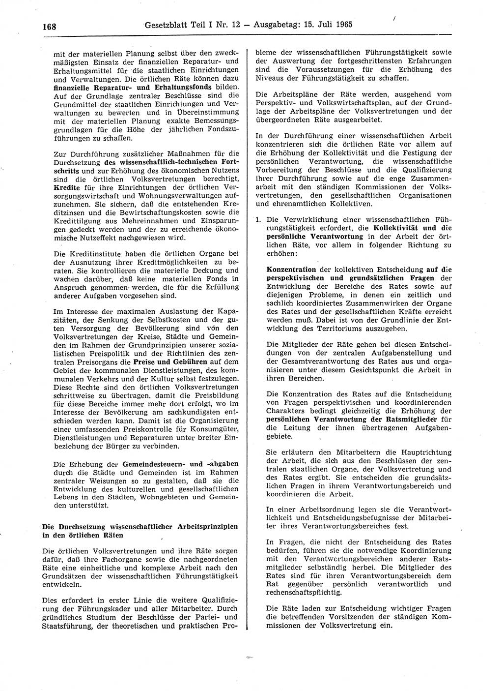 Gesetzblatt (GBl.) der Deutschen Demokratischen Republik (DDR) Teil Ⅰ 1965, Seite 168 (GBl. DDR Ⅰ 1965, S. 168)