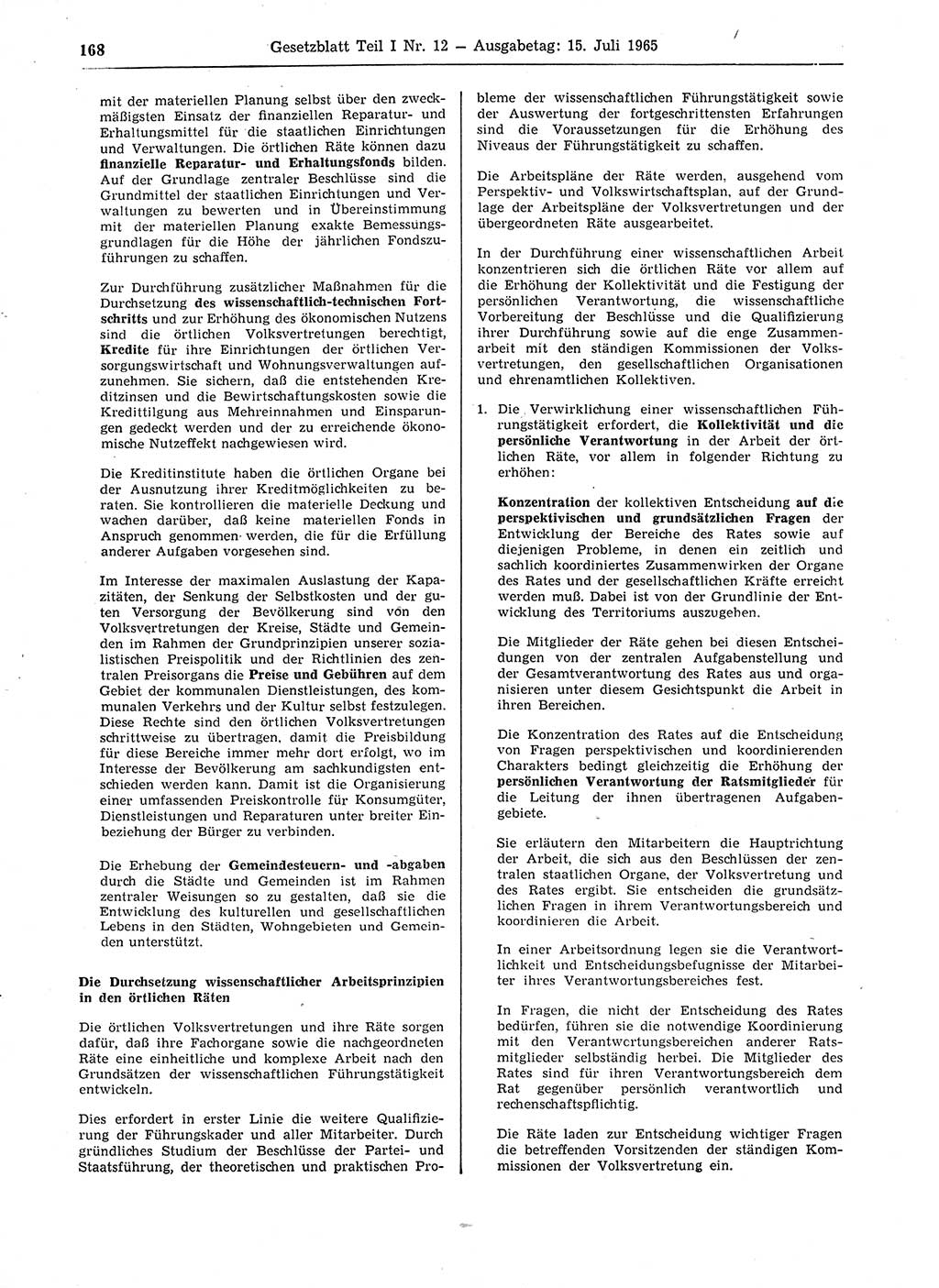 Gesetzblatt (GBl.) der Deutschen Demokratischen Republik (DDR) Teil Ⅰ 1965, Seite 168 (GBl. DDR Ⅰ 1965, S. 168)