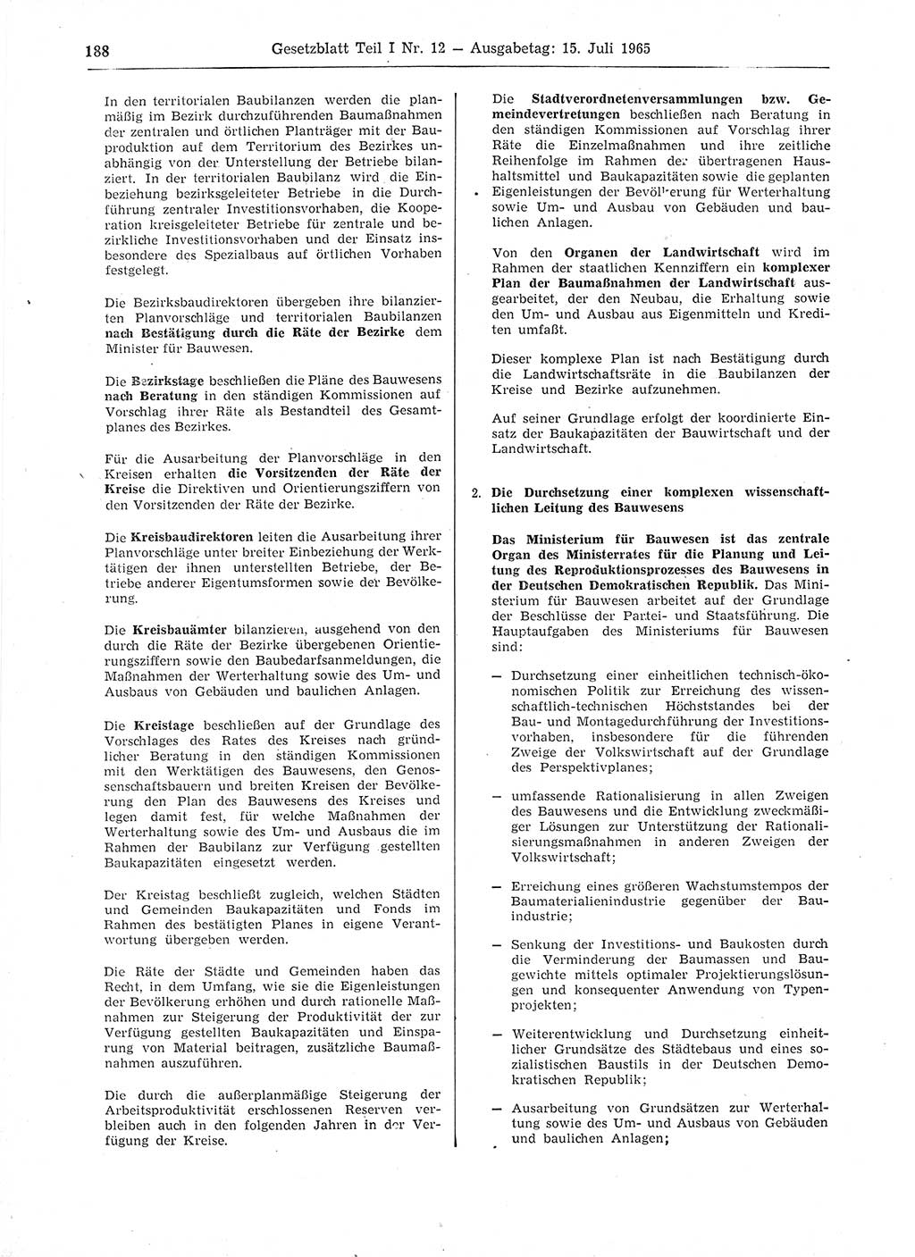 Gesetzblatt (GBl.) der Deutschen Demokratischen Republik (DDR) Teil Ⅰ 1965, Seite 188 (GBl. DDR Ⅰ 1965, S. 188)