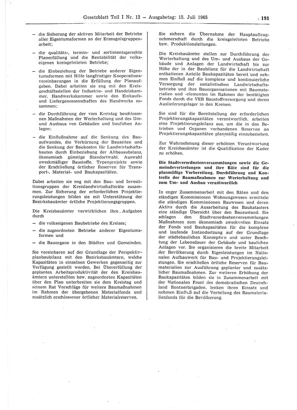 Gesetzblatt (GBl.) der Deutschen Demokratischen Republik (DDR) Teil Ⅰ 1965, Seite 191 (GBl. DDR Ⅰ 1965, S. 191)
