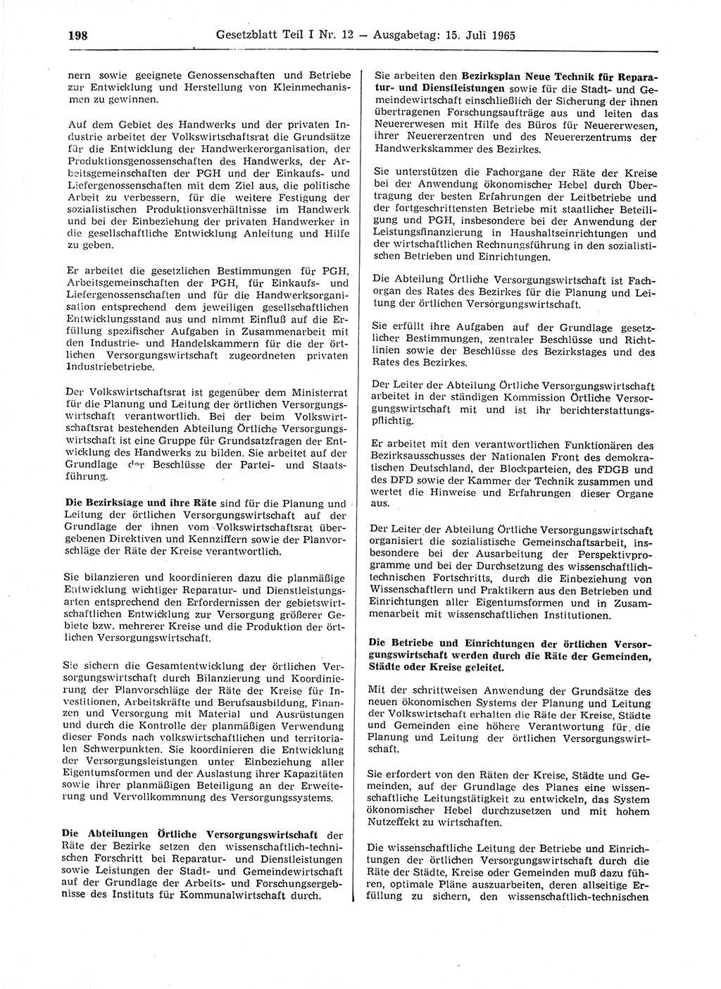 Gesetzblatt (GBl.) der Deutschen Demokratischen Republik (DDR) Teil Ⅰ 1965, Seite 198 (GBl. DDR Ⅰ 1965, S. 198)