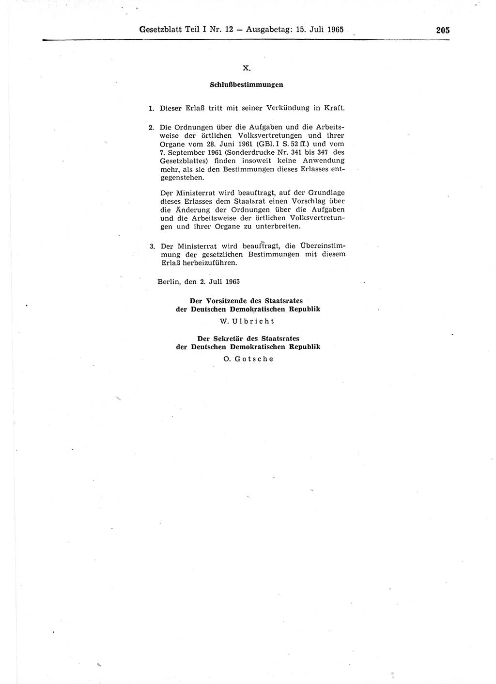 Gesetzblatt (GBl.) der Deutschen Demokratischen Republik (DDR) Teil Ⅰ 1965, Seite 205 (GBl. DDR Ⅰ 1965, S. 205)