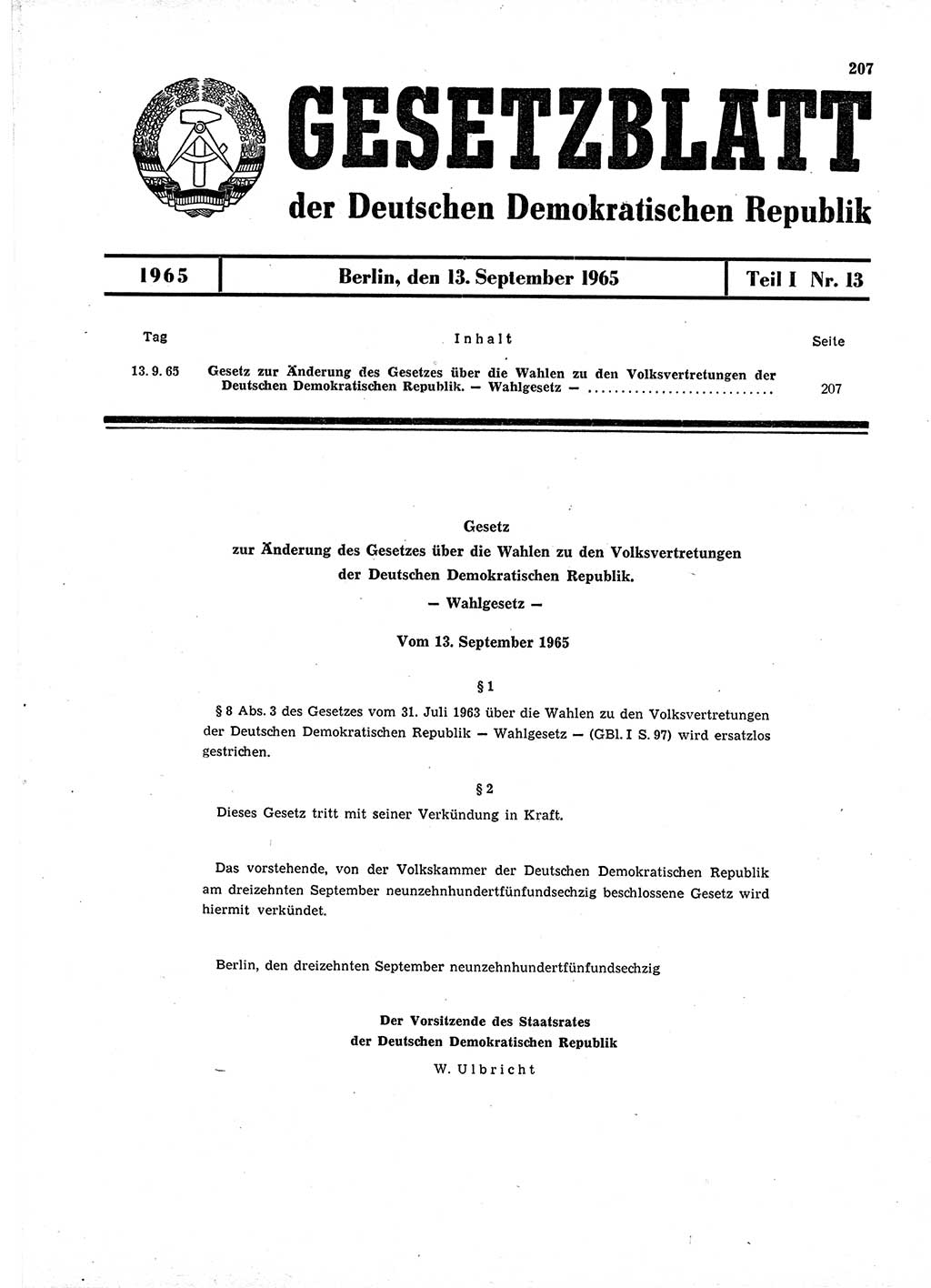 Gesetzblatt (GBl.) der Deutschen Demokratischen Republik (DDR) Teil Ⅰ 1965, Seite 207 (GBl. DDR Ⅰ 1965, S. 207)