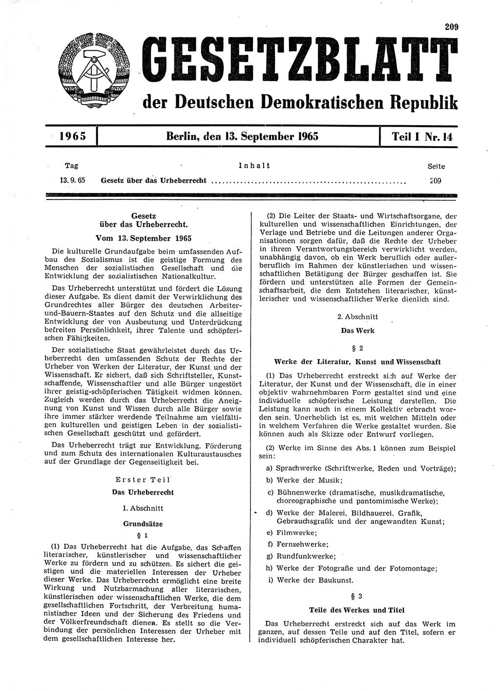 Gesetzblatt (GBl.) der Deutschen Demokratischen Republik (DDR) Teil Ⅰ 1965, Seite 209 (GBl. DDR Ⅰ 1965, S. 209)