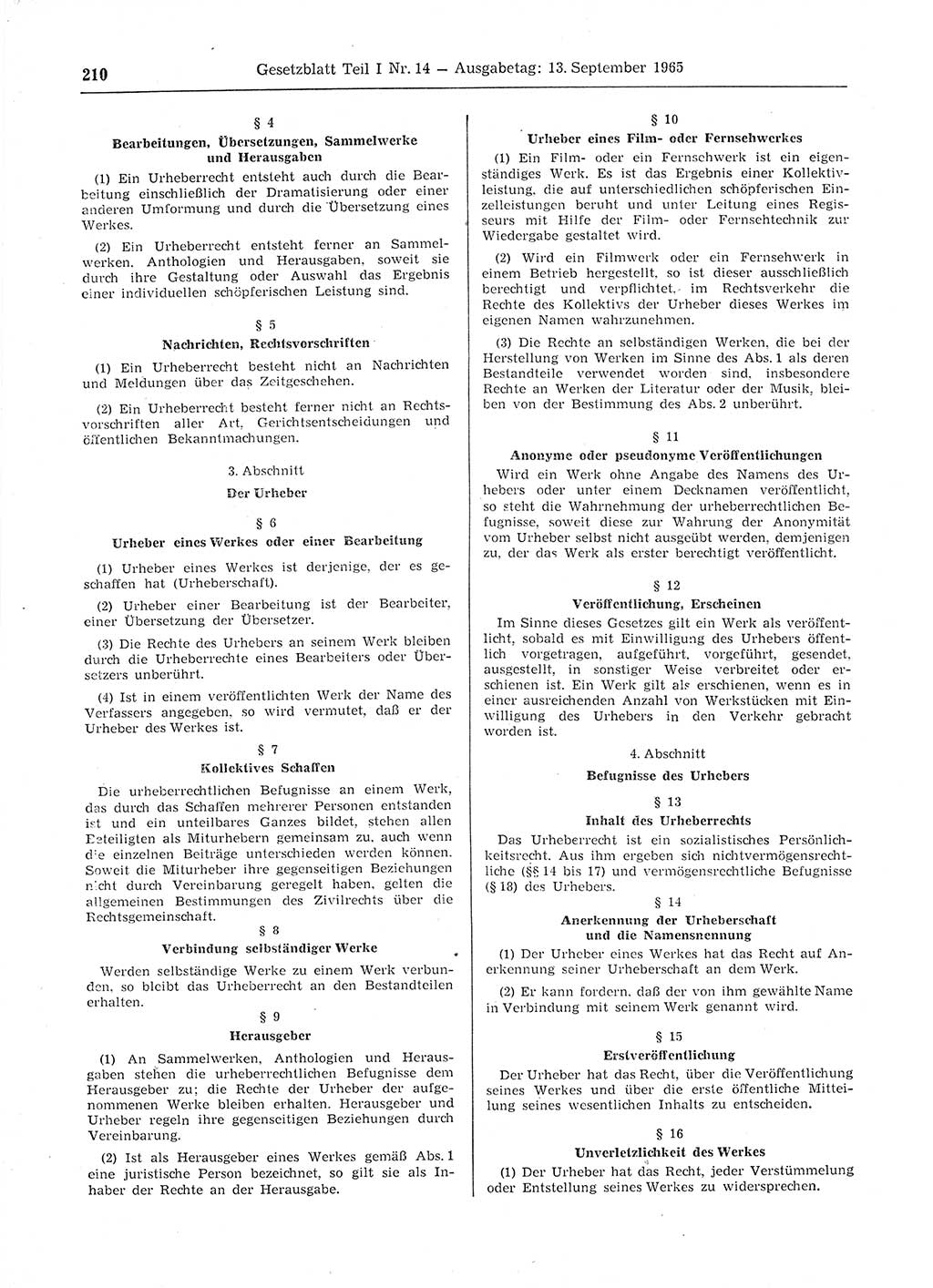 Gesetzblatt (GBl.) der Deutschen Demokratischen Republik (DDR) Teil Ⅰ 1965, Seite 210 (GBl. DDR Ⅰ 1965, S. 210)