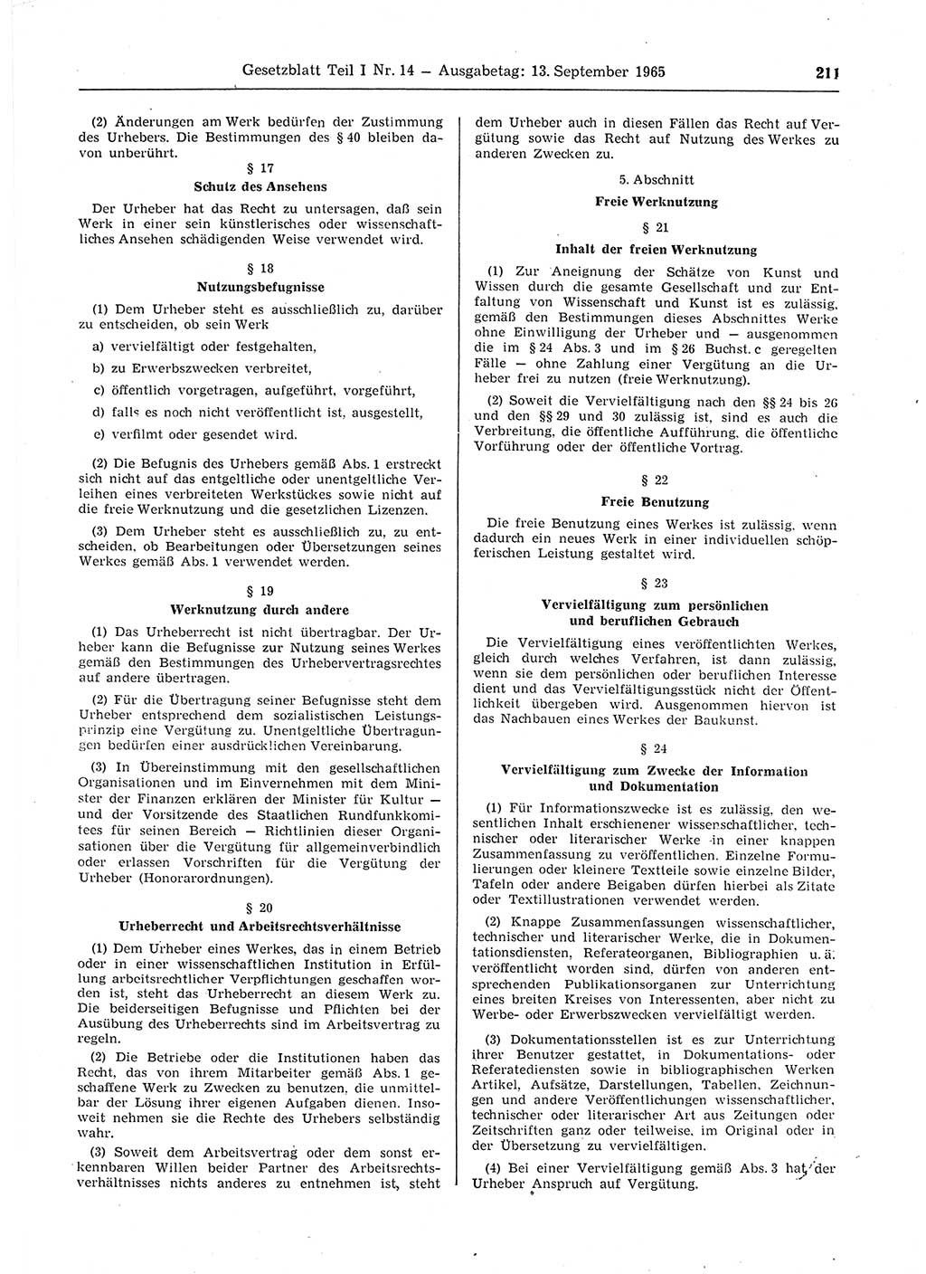 Gesetzblatt (GBl.) der Deutschen Demokratischen Republik (DDR) Teil Ⅰ 1965, Seite 211 (GBl. DDR Ⅰ 1965, S. 211)