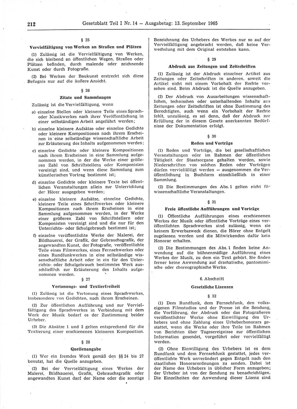 Gesetzblatt (GBl.) der Deutschen Demokratischen Republik (DDR) Teil Ⅰ 1965, Seite 212 (GBl. DDR Ⅰ 1965, S. 212)