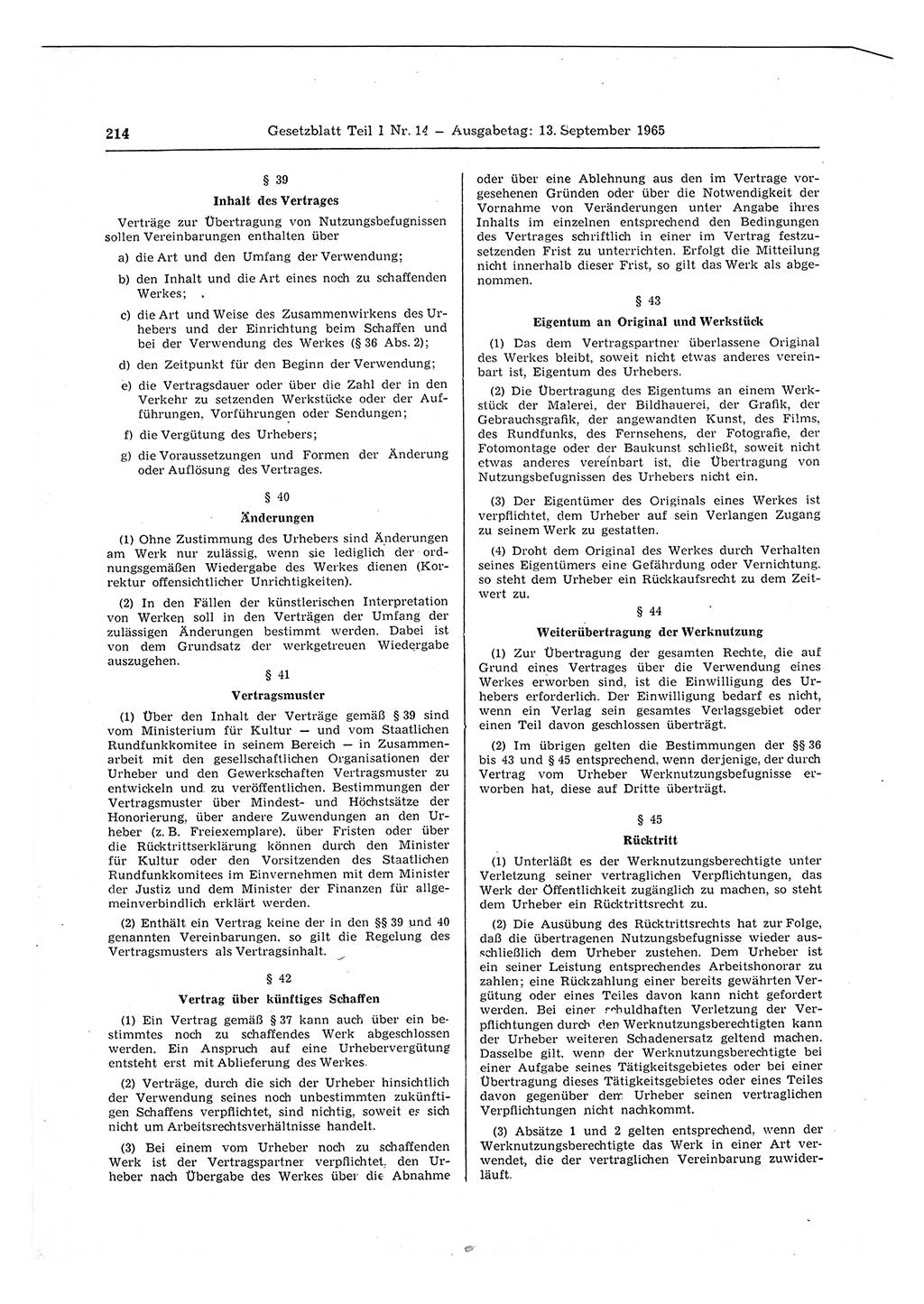 Gesetzblatt (GBl.) der Deutschen Demokratischen Republik (DDR) Teil Ⅰ 1965, Seite 214 (GBl. DDR Ⅰ 1965, S. 214)