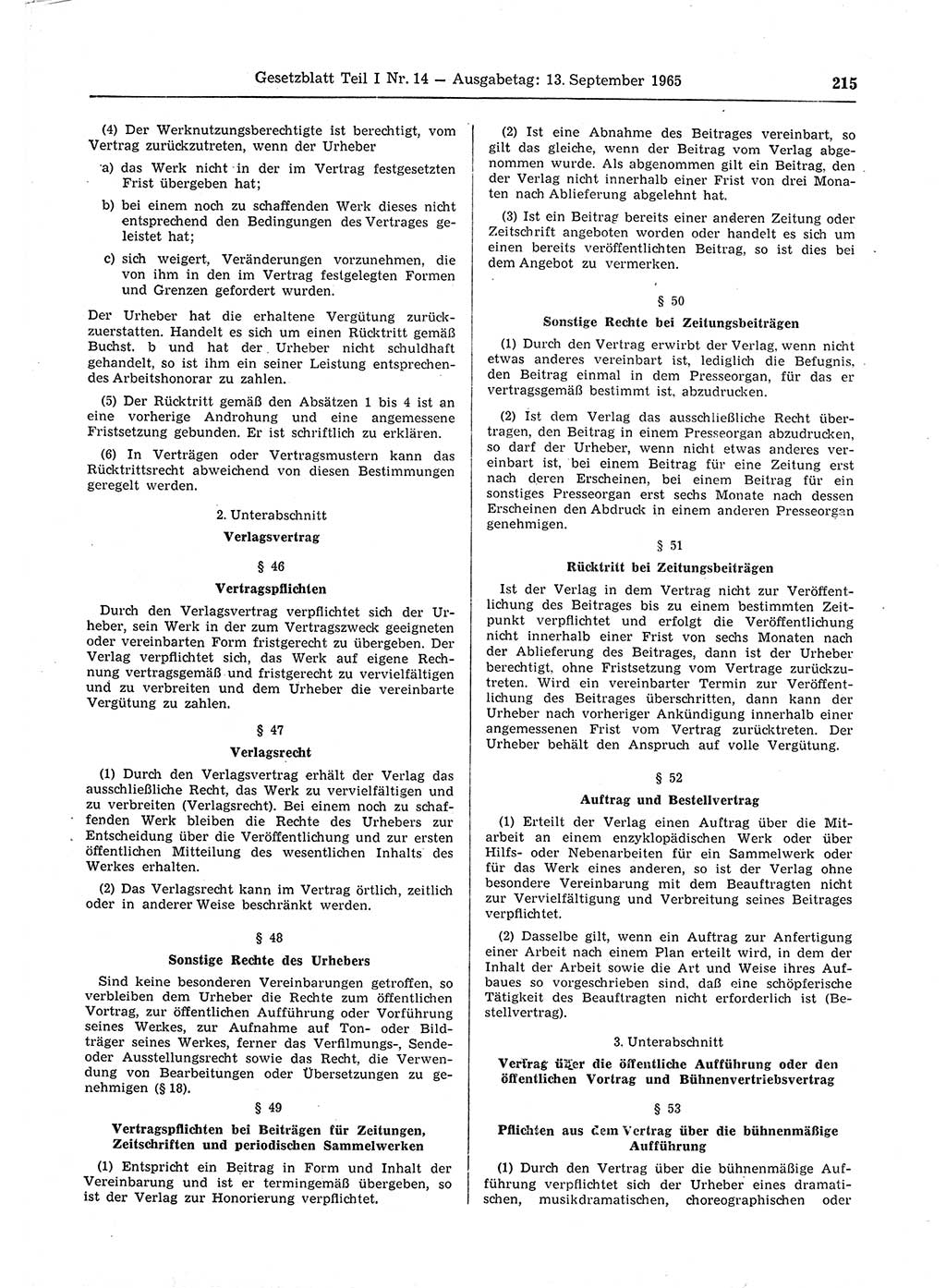 Gesetzblatt (GBl.) der Deutschen Demokratischen Republik (DDR) Teil Ⅰ 1965, Seite 215 (GBl. DDR Ⅰ 1965, S. 215)