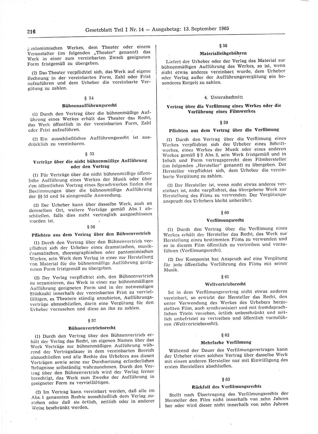 Gesetzblatt (GBl.) der Deutschen Demokratischen Republik (DDR) Teil Ⅰ 1965, Seite 216 (GBl. DDR Ⅰ 1965, S. 216)