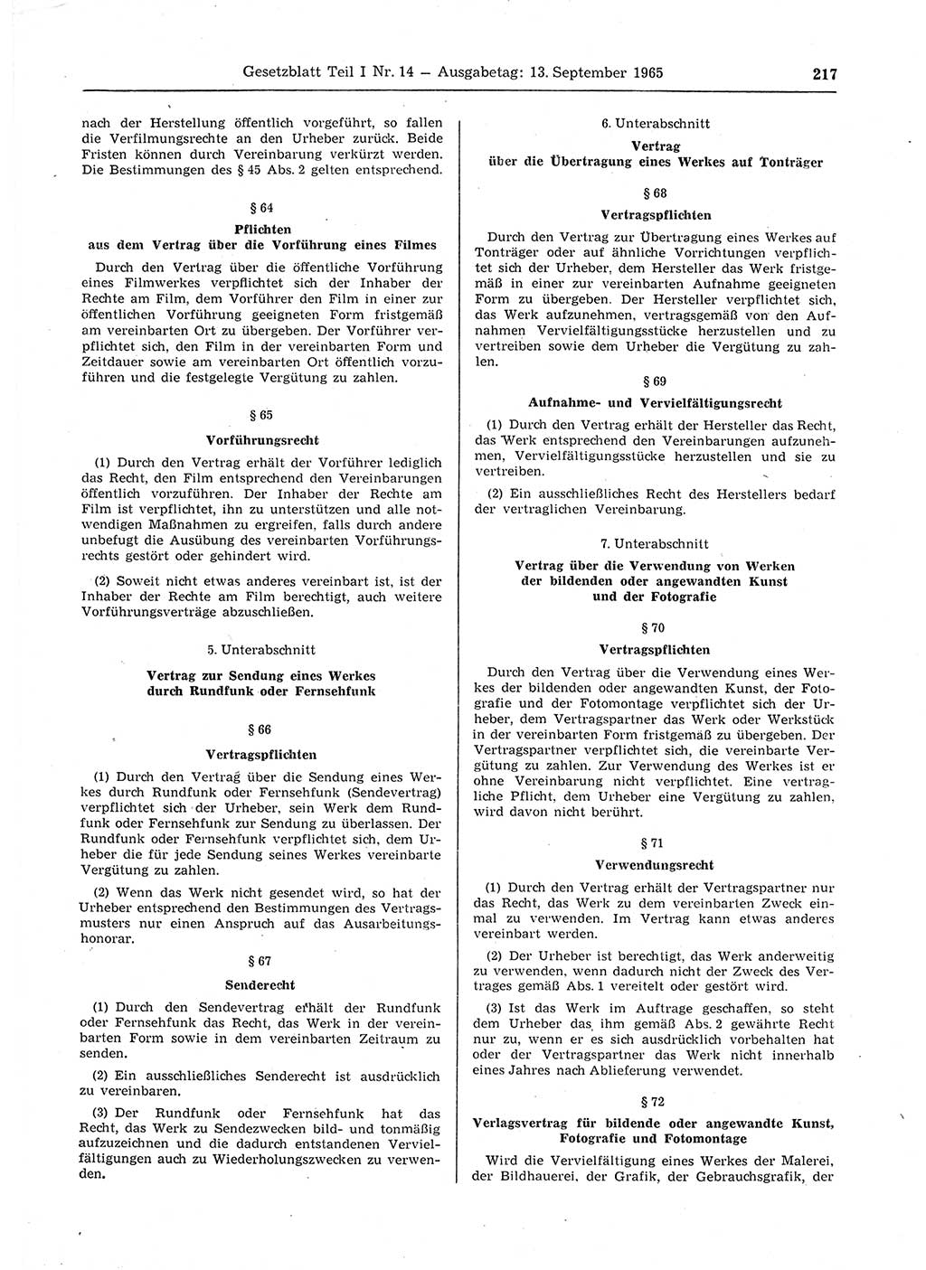 Gesetzblatt (GBl.) der Deutschen Demokratischen Republik (DDR) Teil Ⅰ 1965, Seite 217 (GBl. DDR Ⅰ 1965, S. 217)