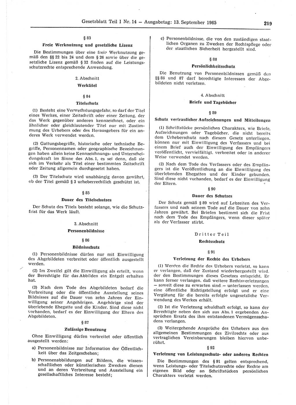 Gesetzblatt (GBl.) der Deutschen Demokratischen Republik (DDR) Teil Ⅰ 1965, Seite 219 (GBl. DDR Ⅰ 1965, S. 219)