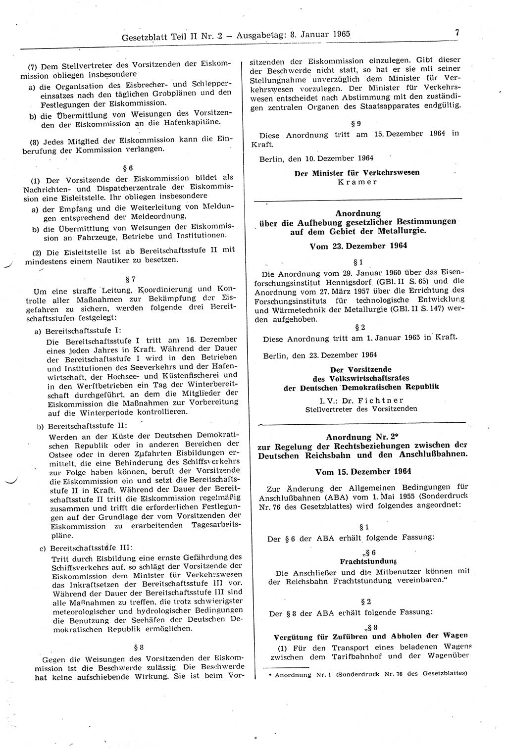 Gesetzblatt (GBl.) der Deutschen Demokratischen Republik (DDR) Teil ⅠⅠ 1965, Seite 7 (GBl. DDR ⅠⅠ 1965, S. 7)