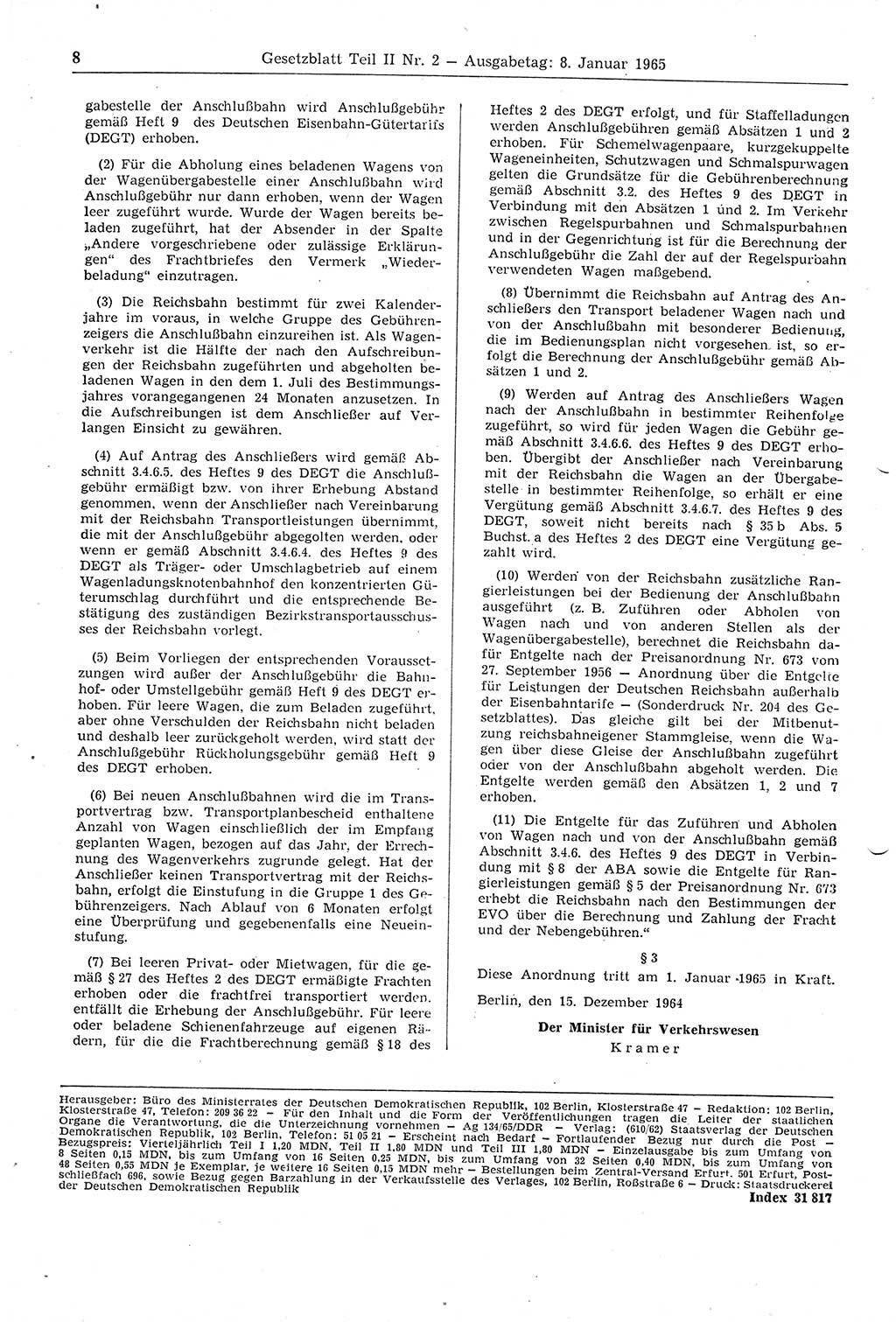 Gesetzblatt (GBl.) der Deutschen Demokratischen Republik (DDR) Teil ⅠⅠ 1965, Seite 8 (GBl. DDR ⅠⅠ 1965, S. 8)