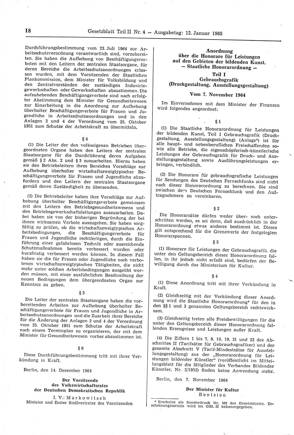 Gesetzblatt (GBl.) der Deutschen Demokratischen Republik (DDR) Teil ⅠⅠ 1965, Seite 18 (GBl. DDR ⅠⅠ 1965, S. 18)