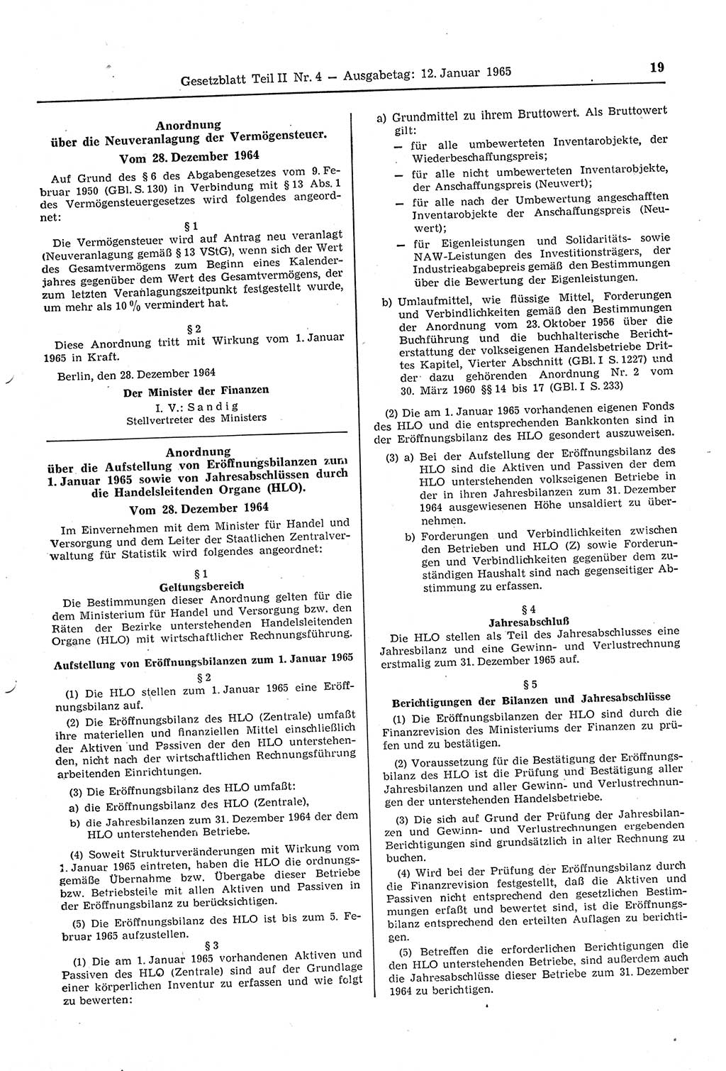 Gesetzblatt (GBl.) der Deutschen Demokratischen Republik (DDR) Teil ⅠⅠ 1965, Seite 19 (GBl. DDR ⅠⅠ 1965, S. 19)