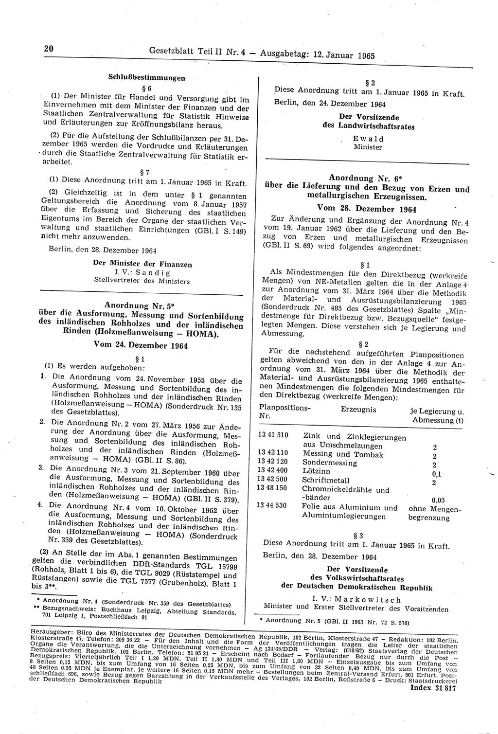 Gesetzblatt (GBl.) der Deutschen Demokratischen Republik (DDR) Teil ⅠⅠ 1965, Seite 20 (GBl. DDR ⅠⅠ 1965, S. 20)