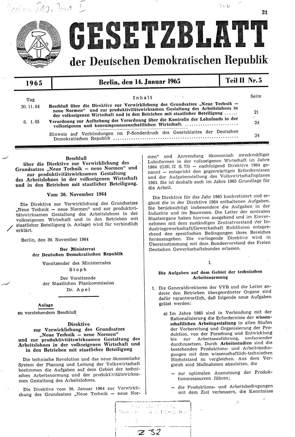 Gesetzblatt (GBl.) der Deutschen Demokratischen Republik (DDR) Teil ⅠⅠ 1965, Seite 21 (GBl. DDR ⅠⅠ 1965, S. 21)