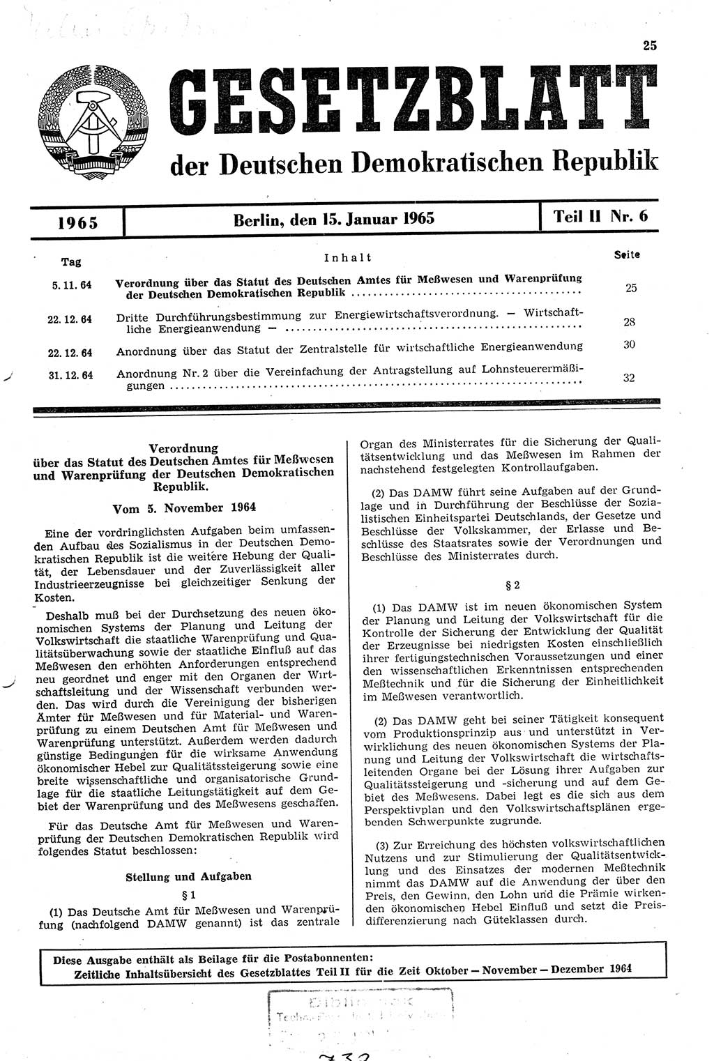 Gesetzblatt (GBl.) der Deutschen Demokratischen Republik (DDR) Teil ⅠⅠ 1965, Seite 25 (GBl. DDR ⅠⅠ 1965, S. 25)