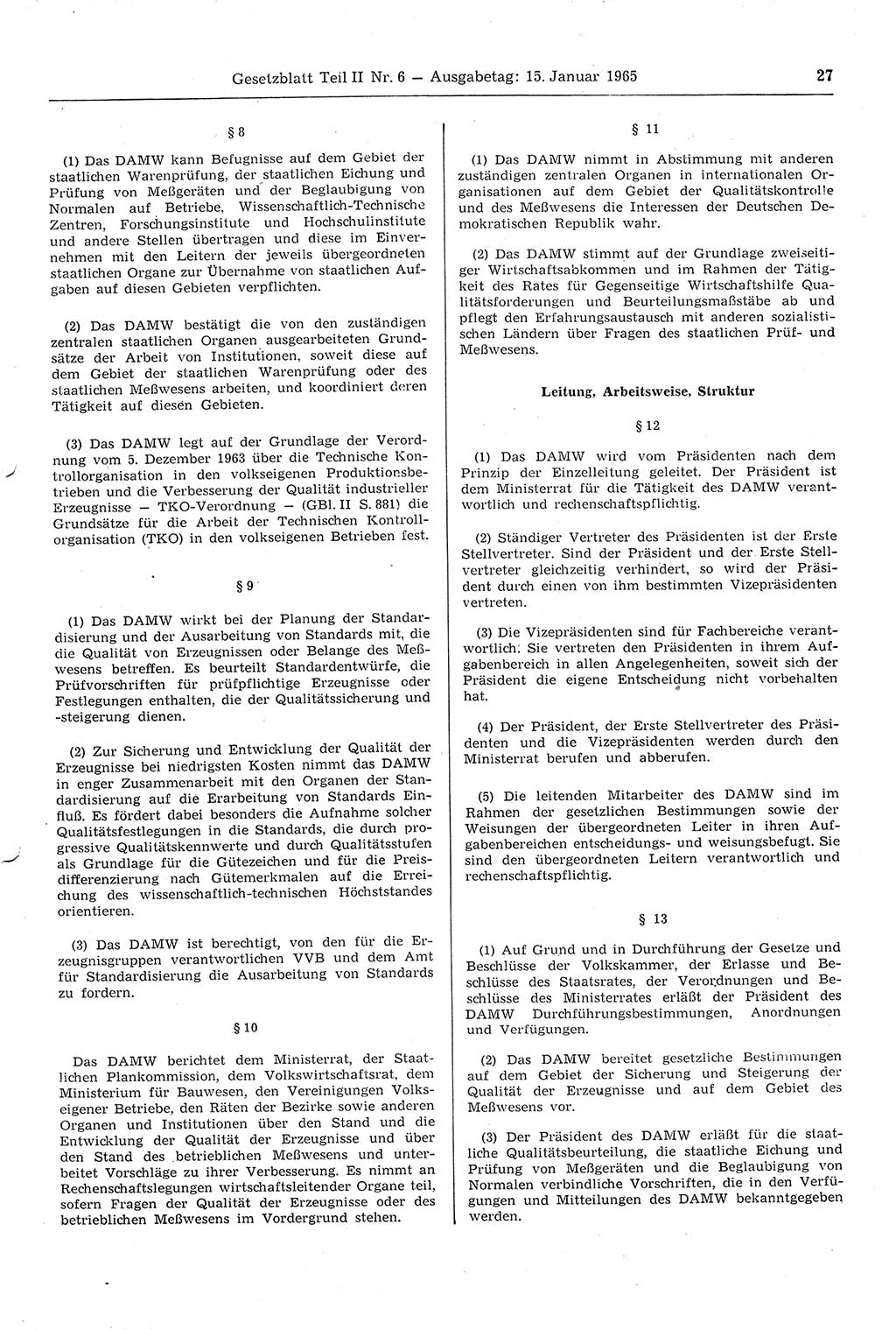 Gesetzblatt (GBl.) der Deutschen Demokratischen Republik (DDR) Teil ⅠⅠ 1965, Seite 27 (GBl. DDR ⅠⅠ 1965, S. 27)