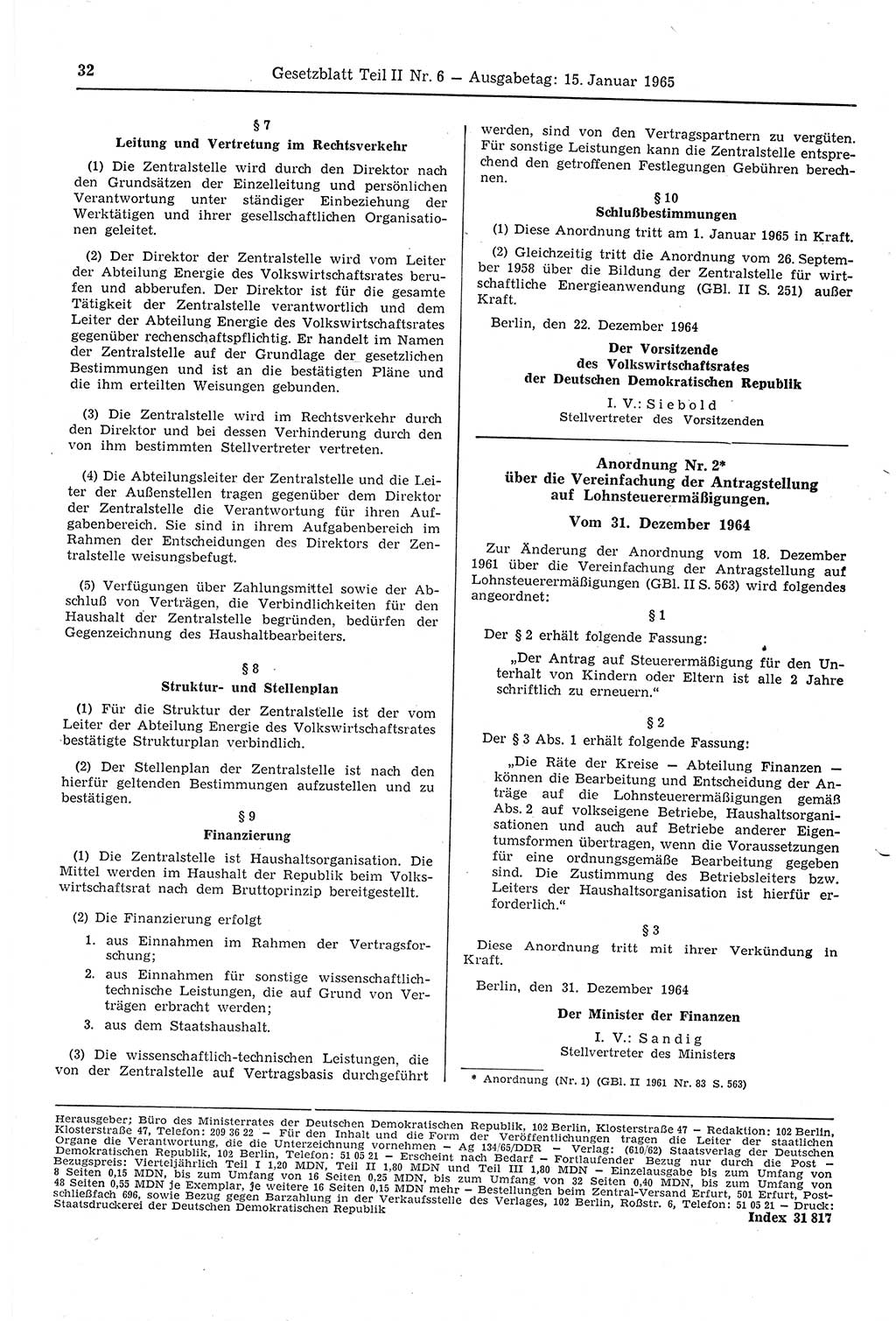 Gesetzblatt (GBl.) der Deutschen Demokratischen Republik (DDR) Teil ⅠⅠ 1965, Seite 32 (GBl. DDR ⅠⅠ 1965, S. 32)