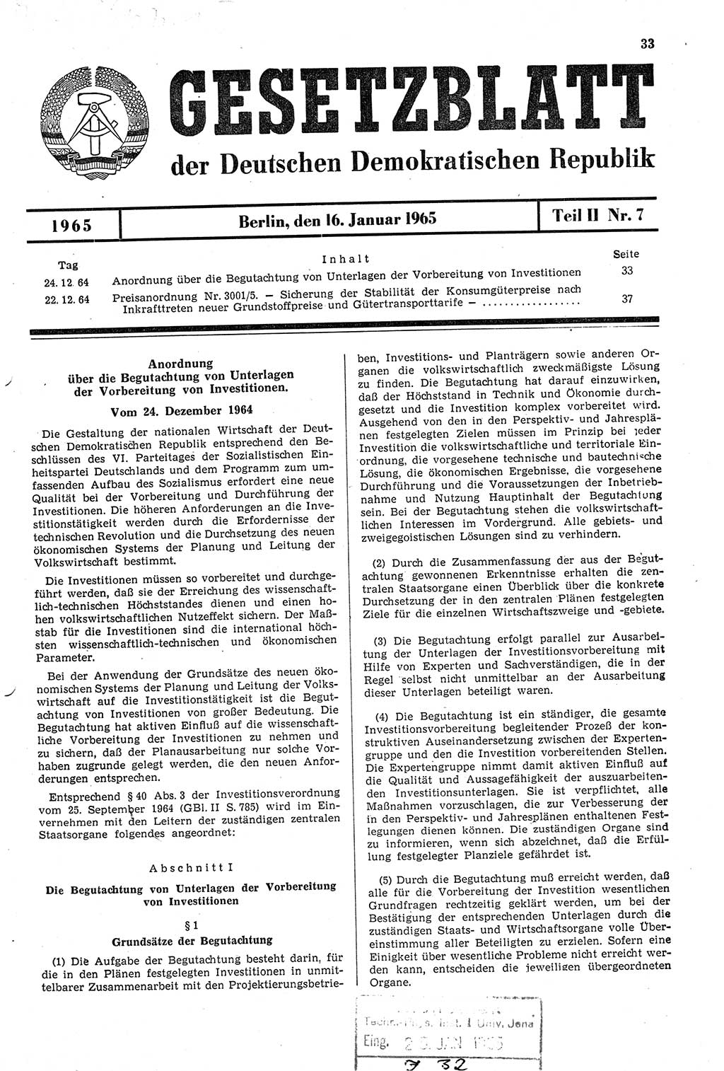 Gesetzblatt (GBl.) der Deutschen Demokratischen Republik (DDR) Teil ⅠⅠ 1965, Seite 33 (GBl. DDR ⅠⅠ 1965, S. 33)