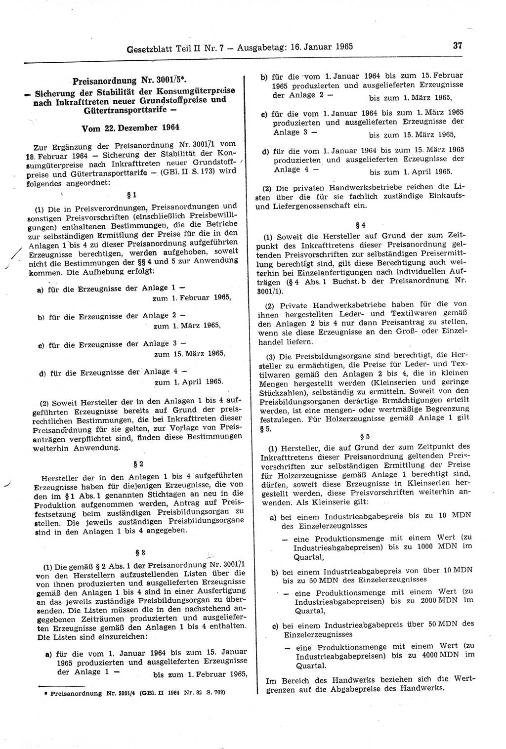 Gesetzblatt (GBl.) der Deutschen Demokratischen Republik (DDR) Teil ⅠⅠ 1965, Seite 37 (GBl. DDR ⅠⅠ 1965, S. 37)