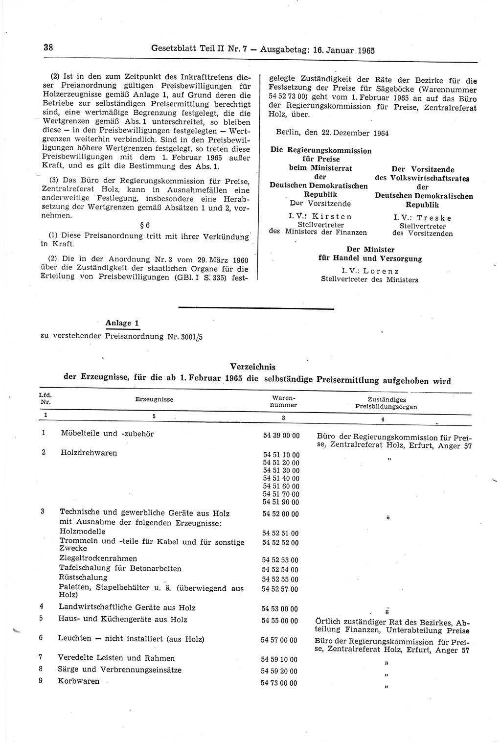 Gesetzblatt (GBl.) der Deutschen Demokratischen Republik (DDR) Teil ⅠⅠ 1965, Seite 38 (GBl. DDR ⅠⅠ 1965, S. 38)