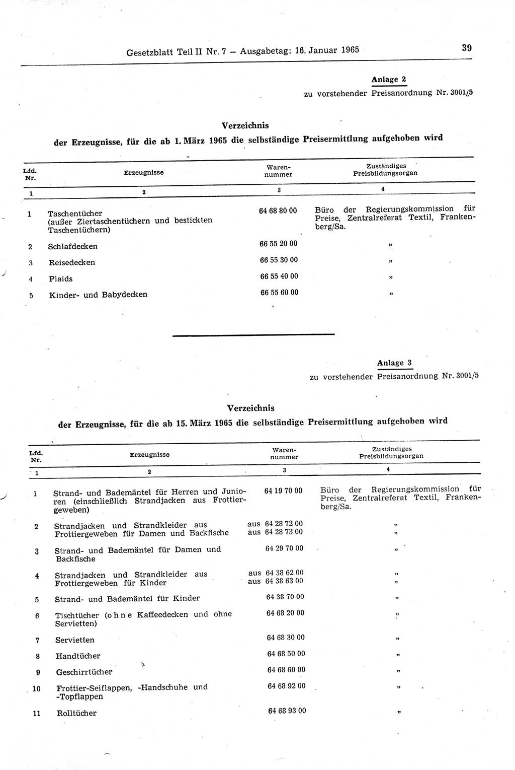 Gesetzblatt (GBl.) der Deutschen Demokratischen Republik (DDR) Teil ⅠⅠ 1965, Seite 39 (GBl. DDR ⅠⅠ 1965, S. 39)