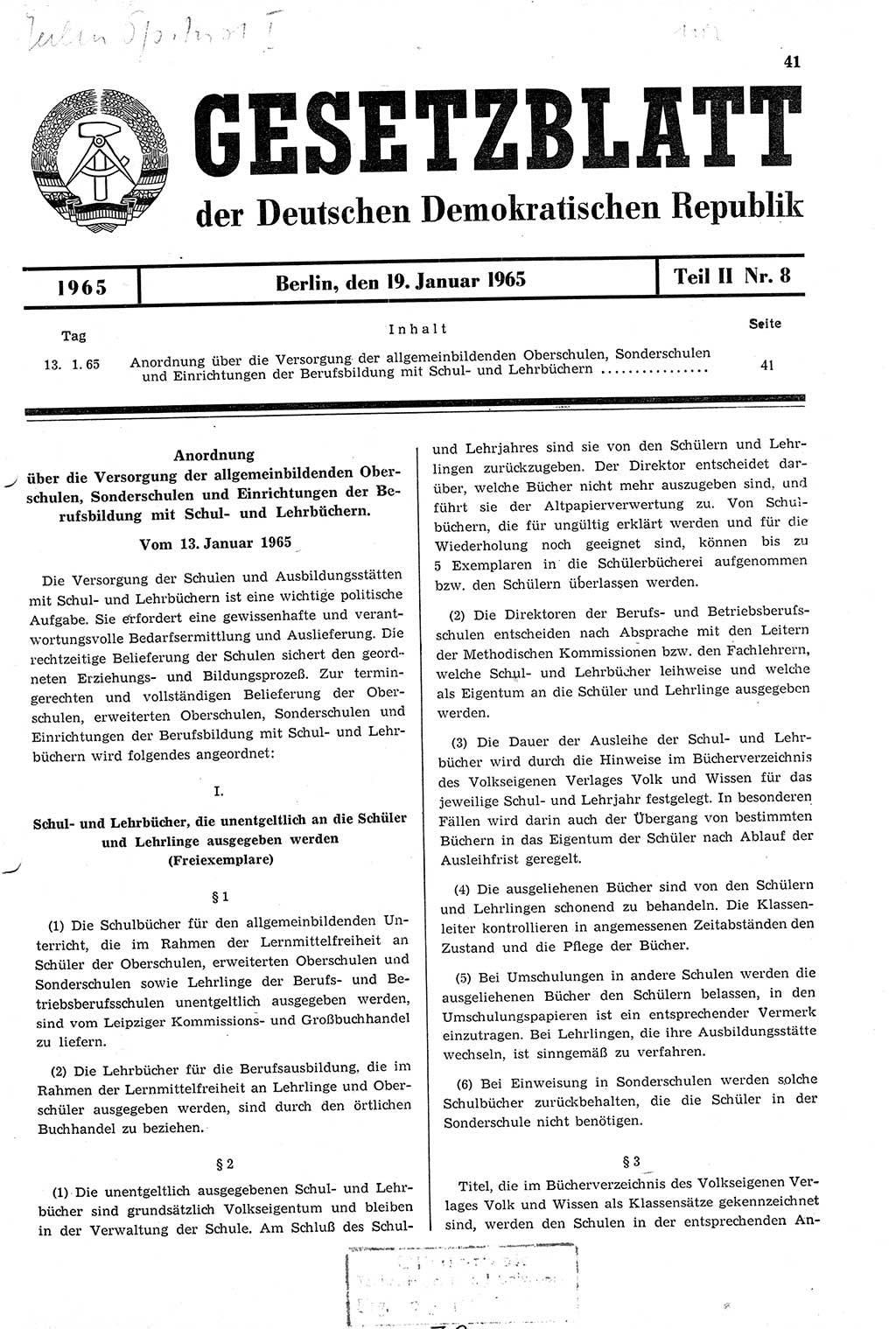 Gesetzblatt (GBl.) der Deutschen Demokratischen Republik (DDR) Teil ⅠⅠ 1965, Seite 41 (GBl. DDR ⅠⅠ 1965, S. 41)