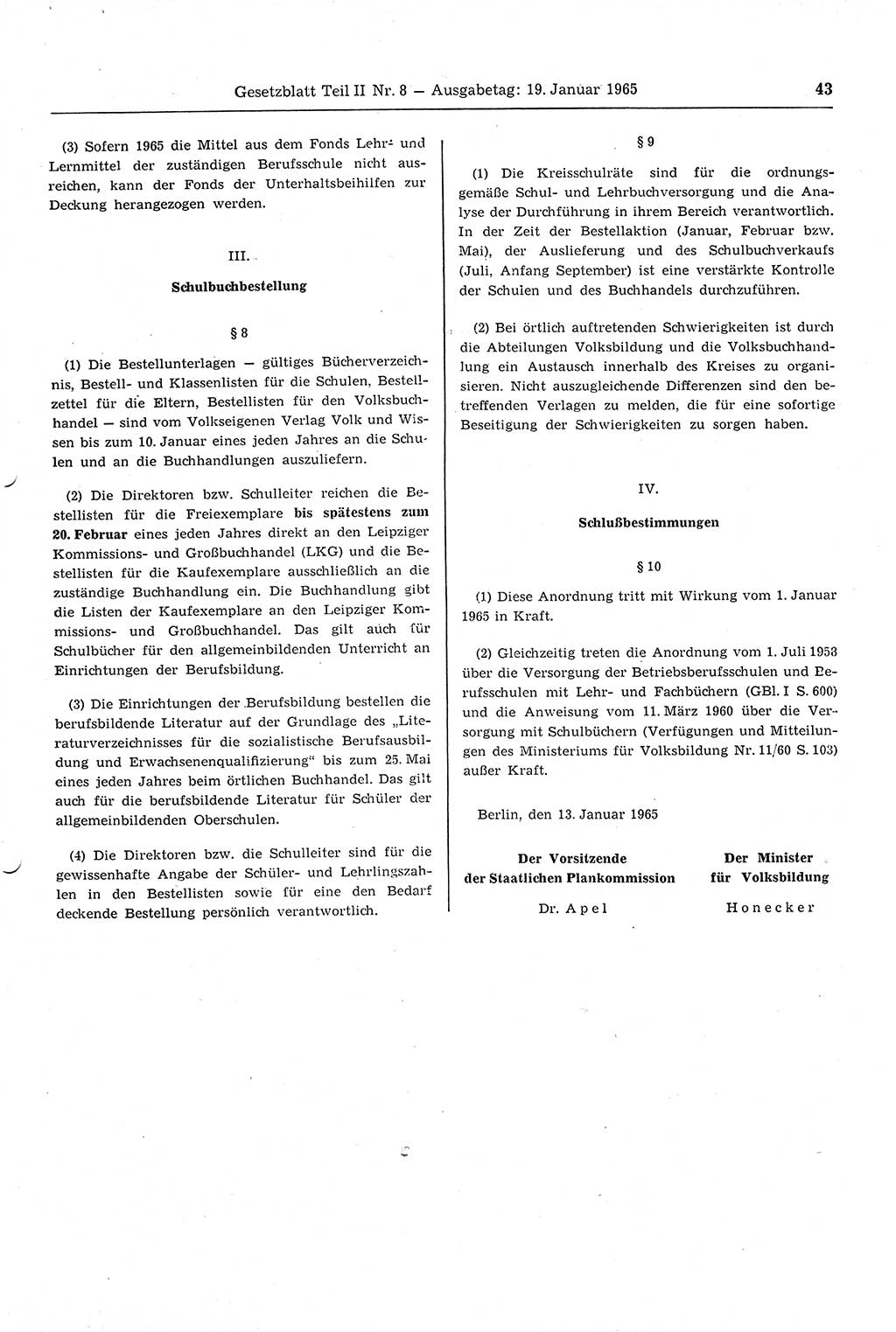 Gesetzblatt (GBl.) der Deutschen Demokratischen Republik (DDR) Teil ⅠⅠ 1965, Seite 43 (GBl. DDR ⅠⅠ 1965, S. 43)