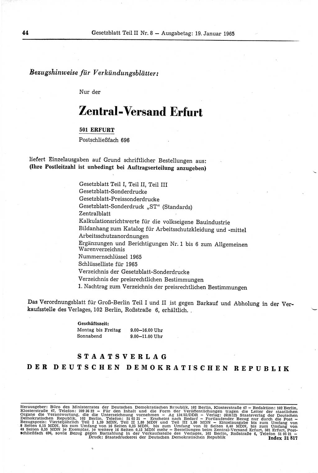 Gesetzblatt (GBl.) der Deutschen Demokratischen Republik (DDR) Teil ⅠⅠ 1965, Seite 44 (GBl. DDR ⅠⅠ 1965, S. 44)
