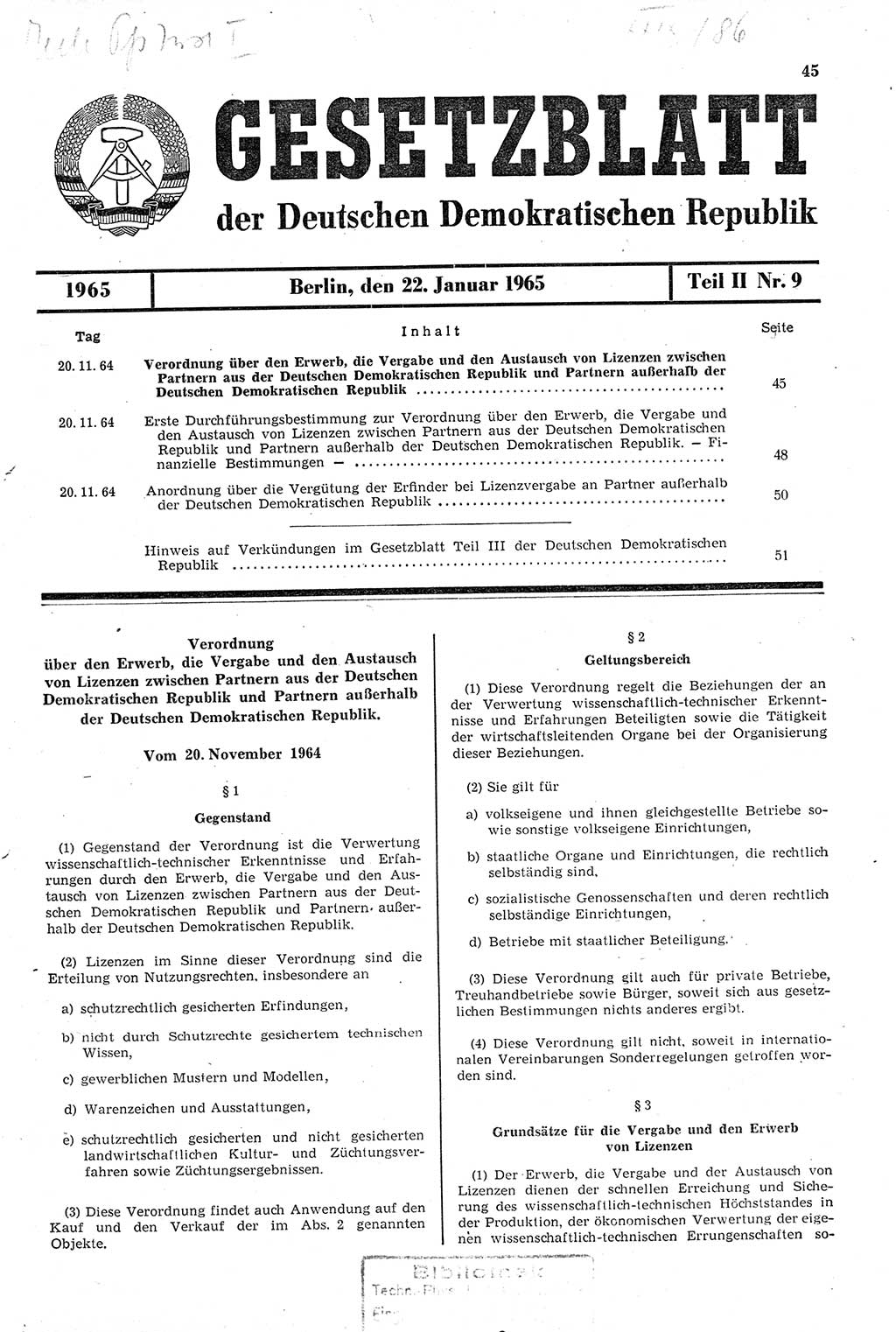 Gesetzblatt (GBl.) der Deutschen Demokratischen Republik (DDR) Teil ⅠⅠ 1965, Seite 45 (GBl. DDR ⅠⅠ 1965, S. 45)
