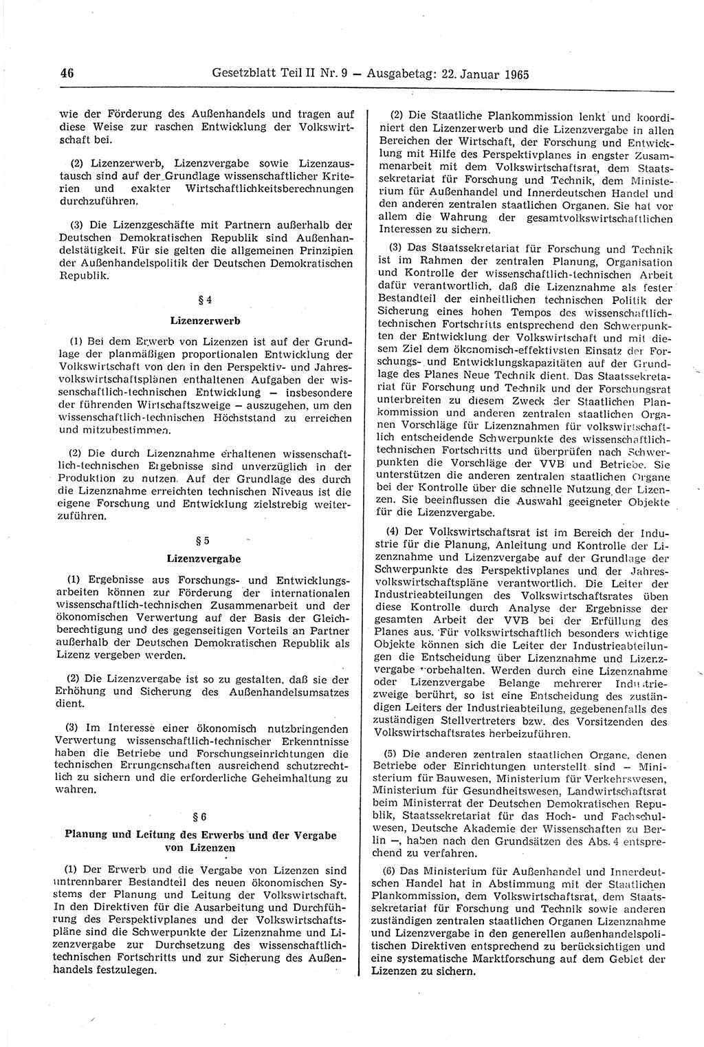 Gesetzblatt (GBl.) der Deutschen Demokratischen Republik (DDR) Teil ⅠⅠ 1965, Seite 46 (GBl. DDR ⅠⅠ 1965, S. 46)