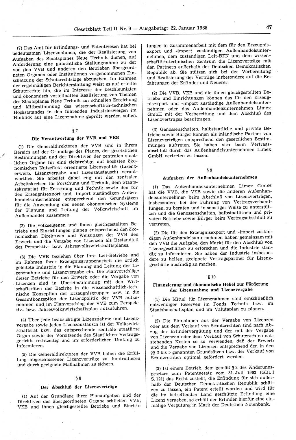 Gesetzblatt (GBl.) der Deutschen Demokratischen Republik (DDR) Teil ⅠⅠ 1965, Seite 47 (GBl. DDR ⅠⅠ 1965, S. 47)