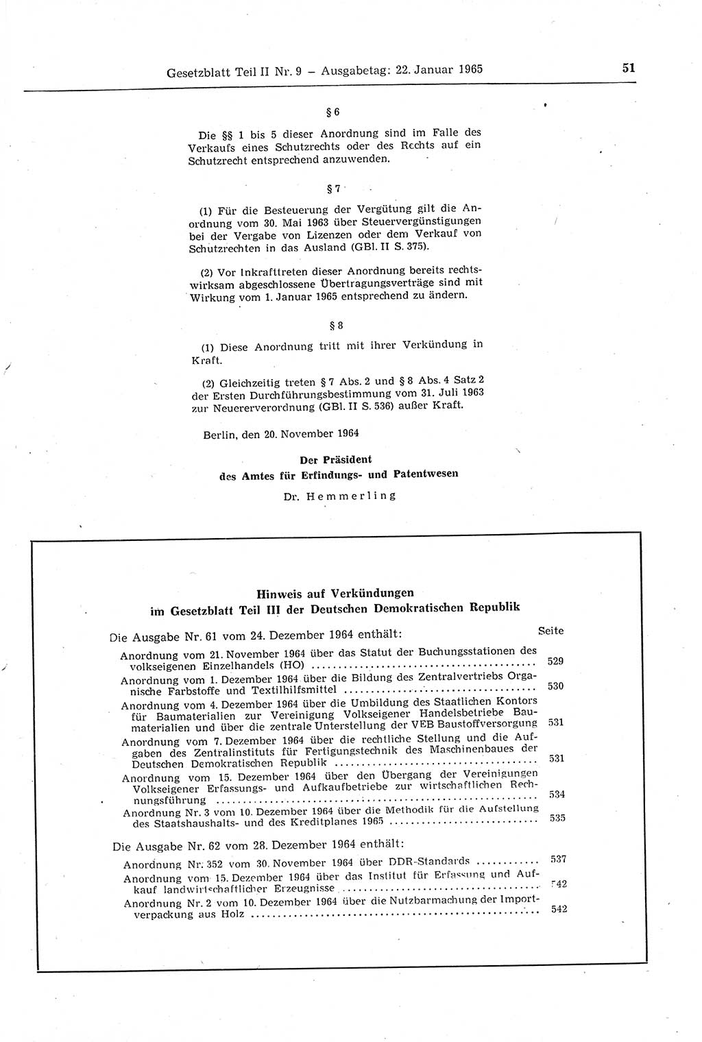Gesetzblatt (GBl.) der Deutschen Demokratischen Republik (DDR) Teil ⅠⅠ 1965, Seite 51 (GBl. DDR ⅠⅠ 1965, S. 51)