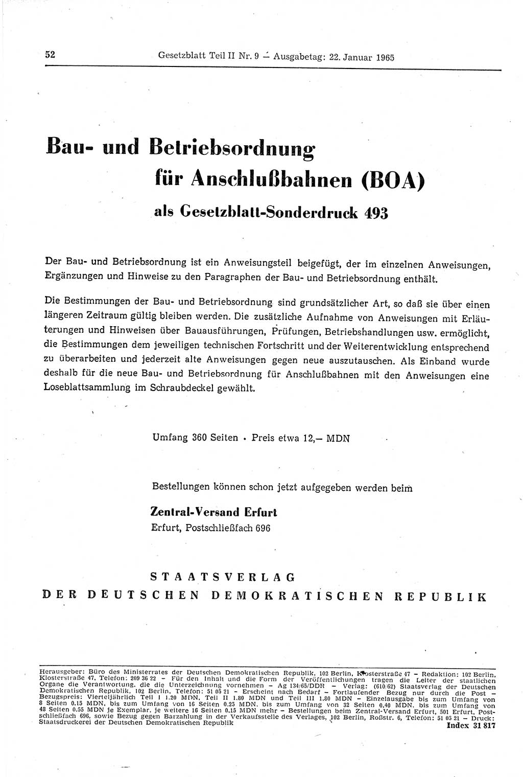 Gesetzblatt (GBl.) der Deutschen Demokratischen Republik (DDR) Teil ⅠⅠ 1965, Seite 52 (GBl. DDR ⅠⅠ 1965, S. 52)