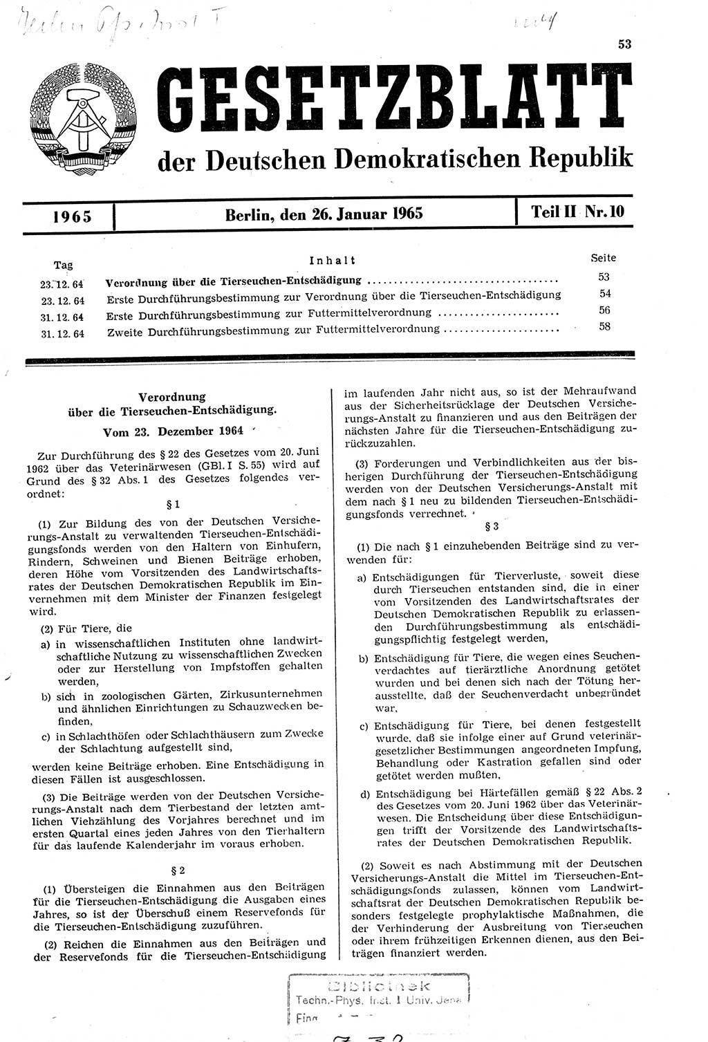 Gesetzblatt (GBl.) der Deutschen Demokratischen Republik (DDR) Teil ⅠⅠ 1965, Seite 53 (GBl. DDR ⅠⅠ 1965, S. 53)