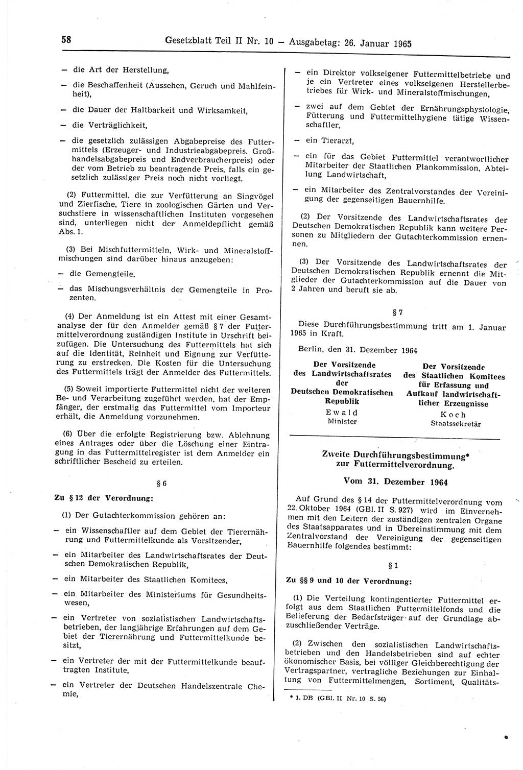 Gesetzblatt (GBl.) der Deutschen Demokratischen Republik (DDR) Teil ⅠⅠ 1965, Seite 58 (GBl. DDR ⅠⅠ 1965, S. 58)