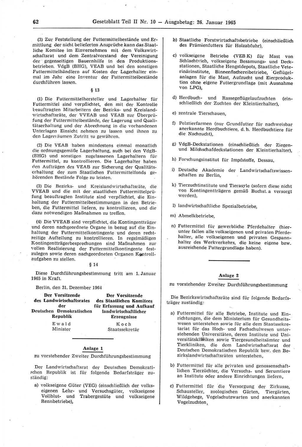 Gesetzblatt (GBl.) der Deutschen Demokratischen Republik (DDR) Teil ⅠⅠ 1965, Seite 62 (GBl. DDR ⅠⅠ 1965, S. 62)