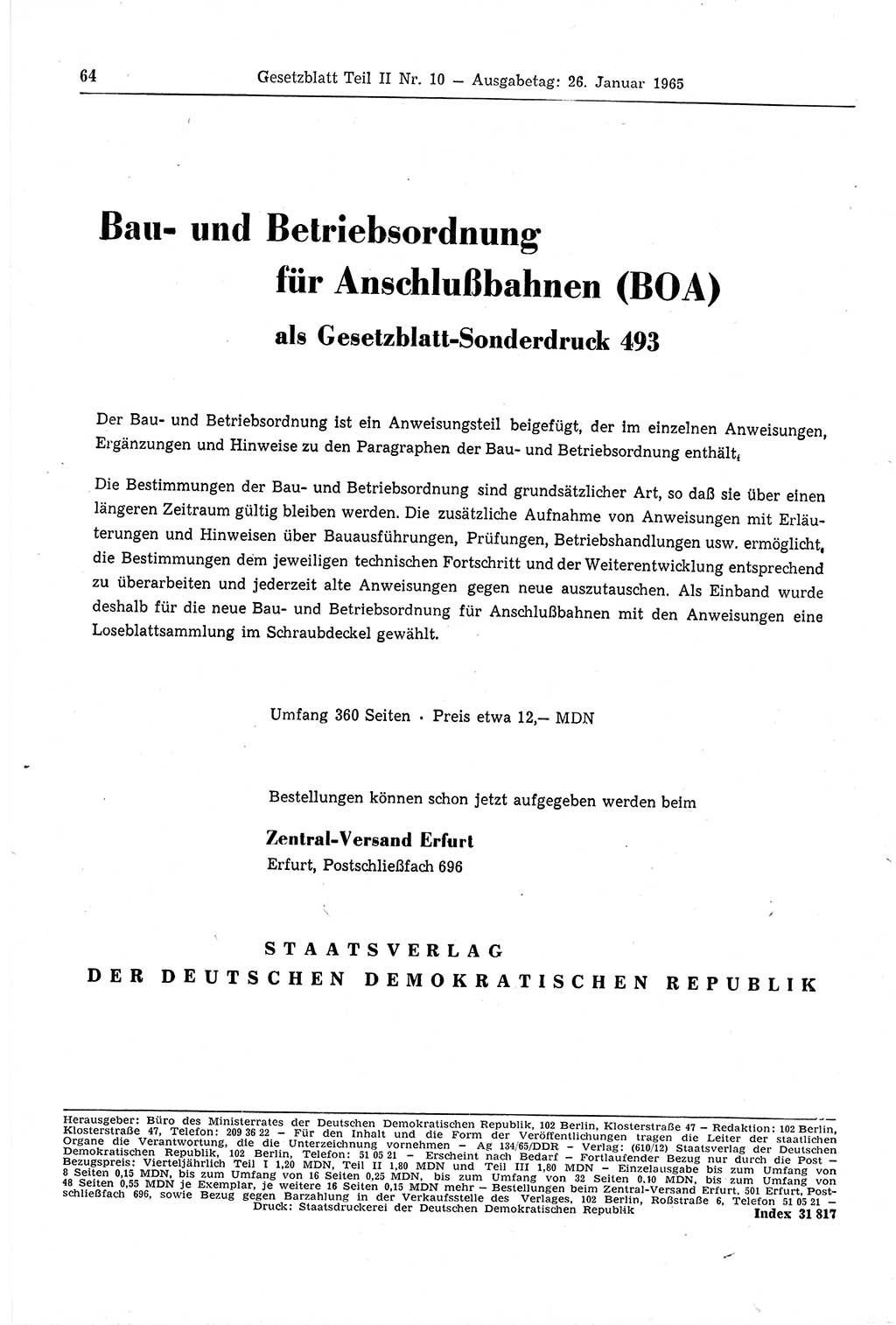 Gesetzblatt (GBl.) der Deutschen Demokratischen Republik (DDR) Teil ⅠⅠ 1965, Seite 64 (GBl. DDR ⅠⅠ 1965, S. 64)
